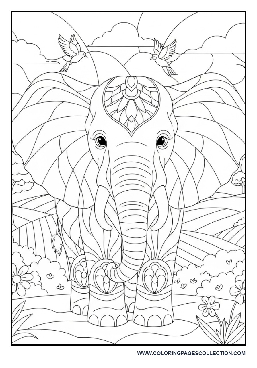 Elephant Stained Glass Landscape