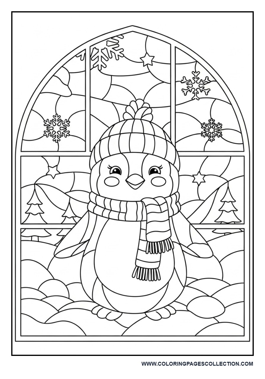 Penguin Stained Glass Winter Scene