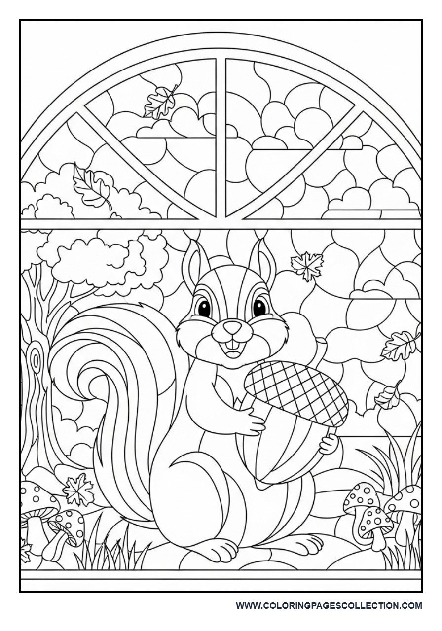 Squirrel Stained Glass Autumn Tree