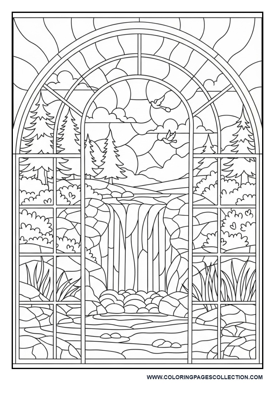 Waterfall Stained Glass Scene