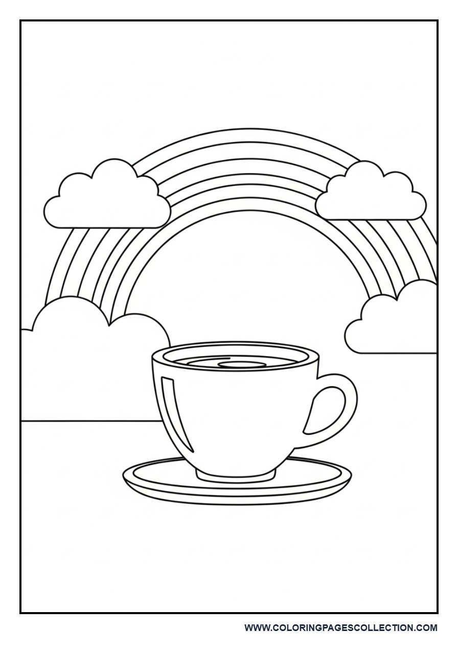 Coffee Cup with Rainbow and Clouds