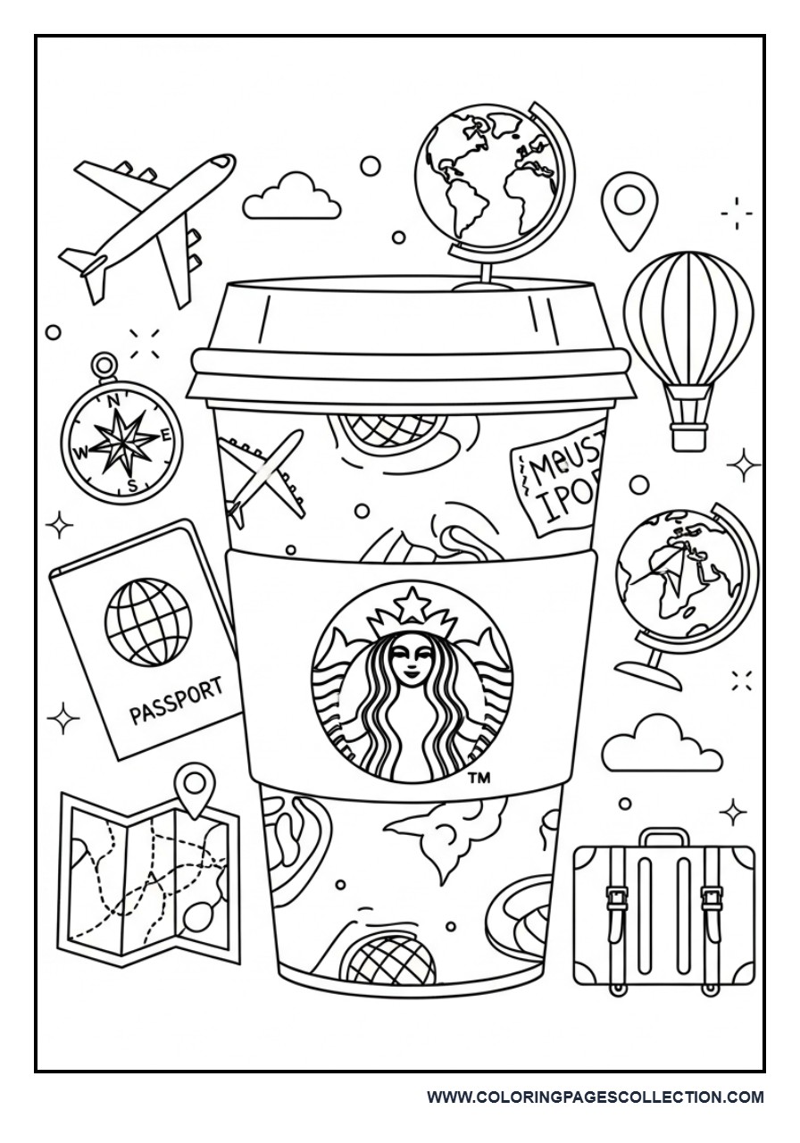 Coffee Cup with Travel Flat Icons