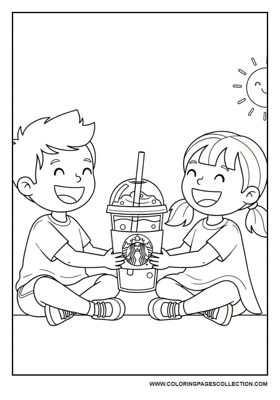Kids Sharing Coffee Treat (Cartoon Style)
