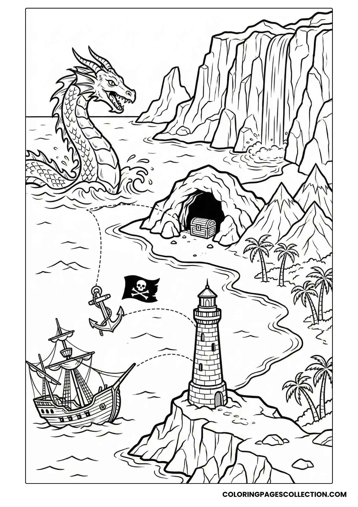 mysterious island with dragon treasure map coloring sheet