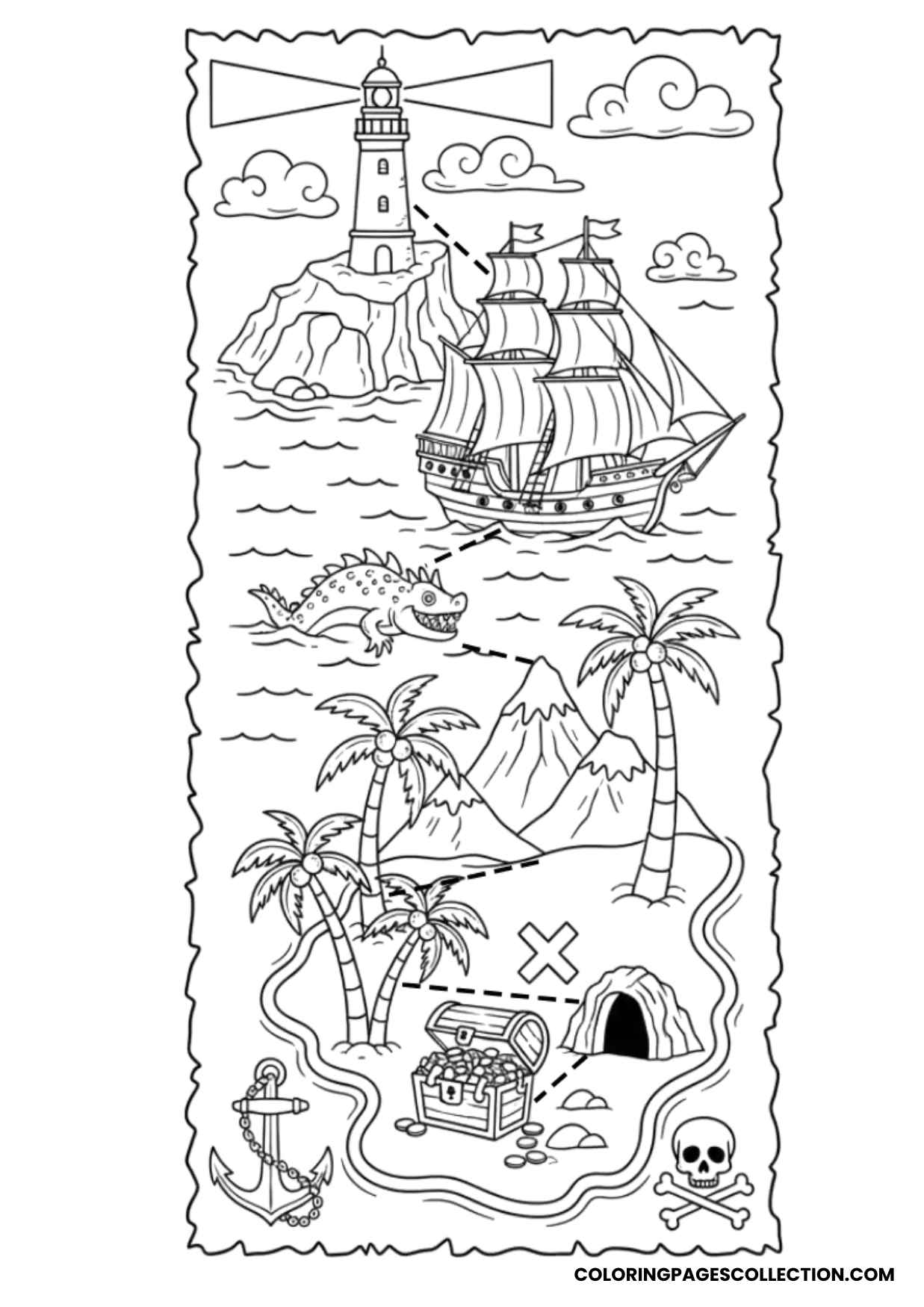 long map of voyage and treasure map coloring page