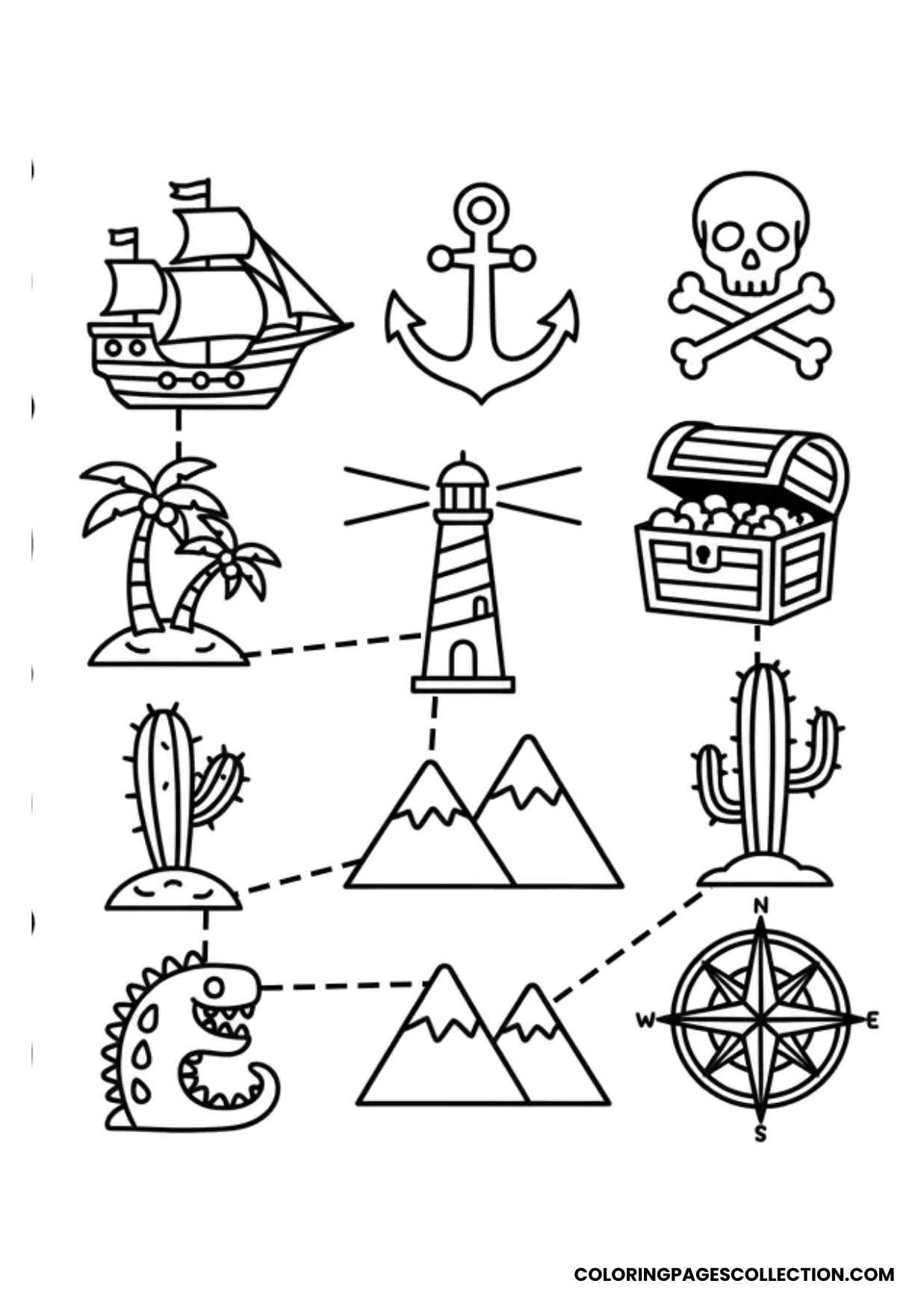 pirate signs and maritime treasure map coloring page