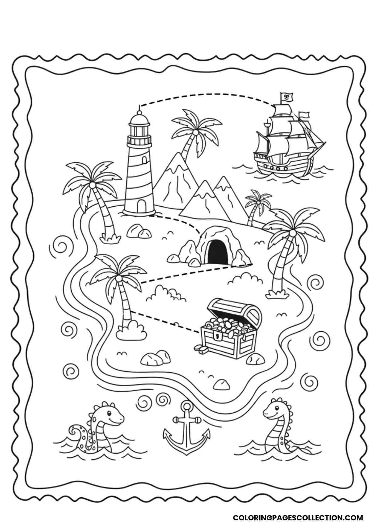 mysterious island and treasure map coloring sheet