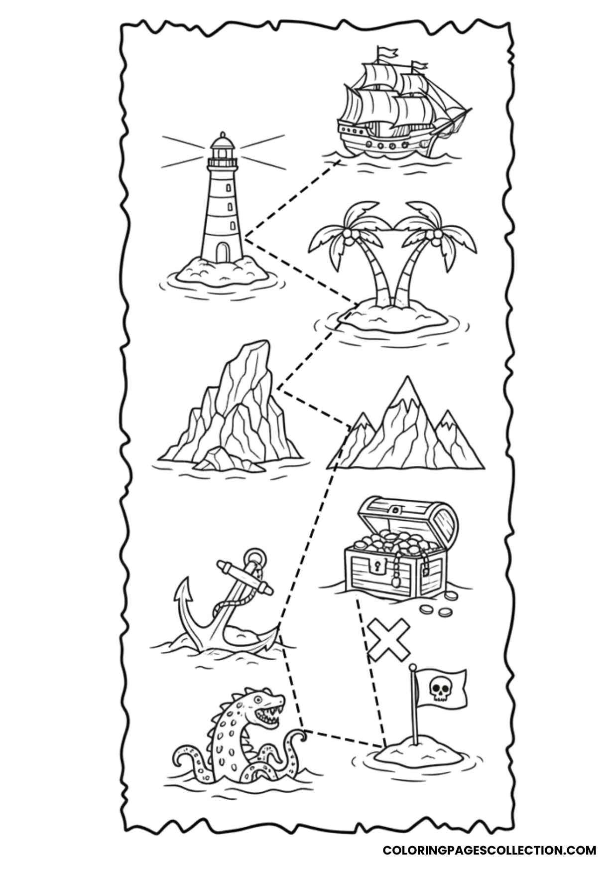 lighthouse and treasure map coloring page