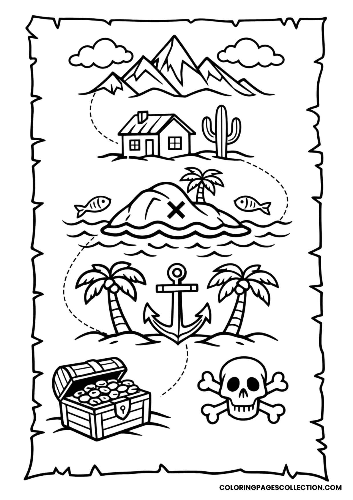 island map with palm tree and treasure map coloring sheet