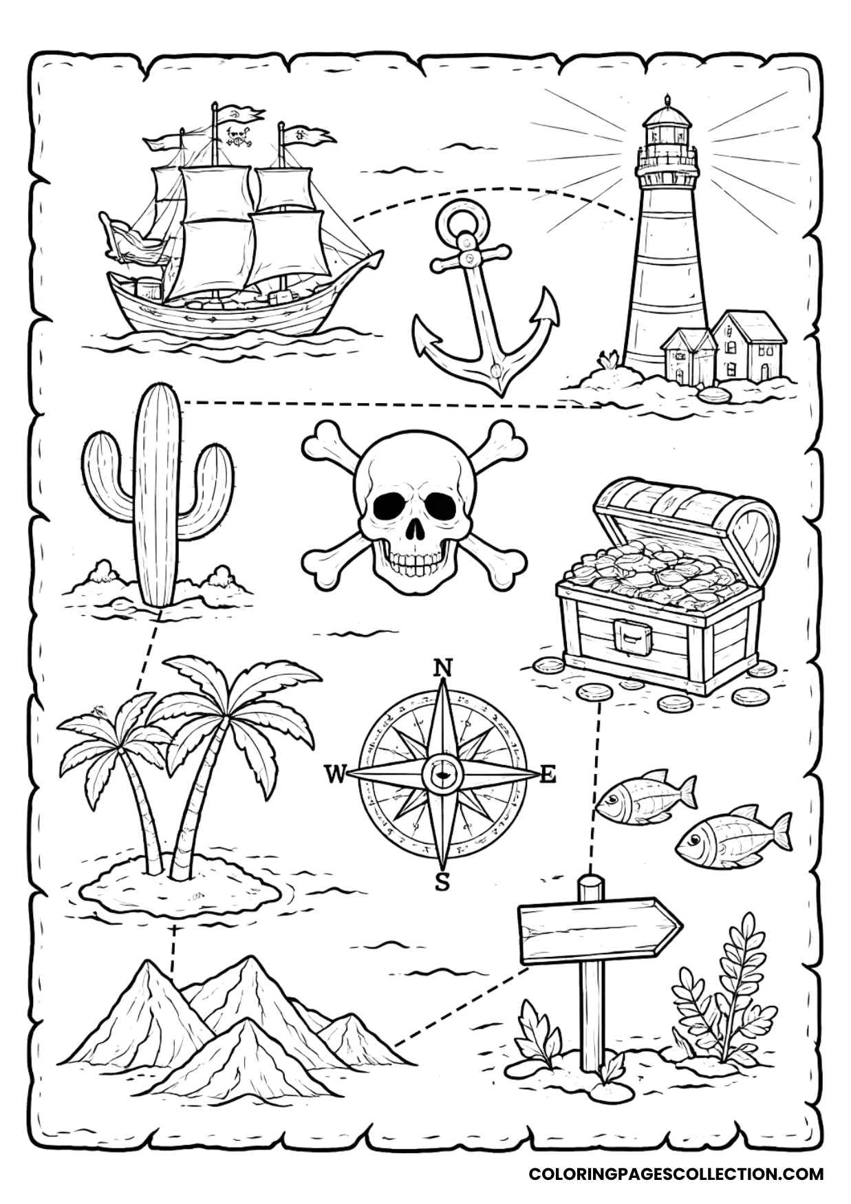 sea treasure hunt adventure treasure map coloring page
