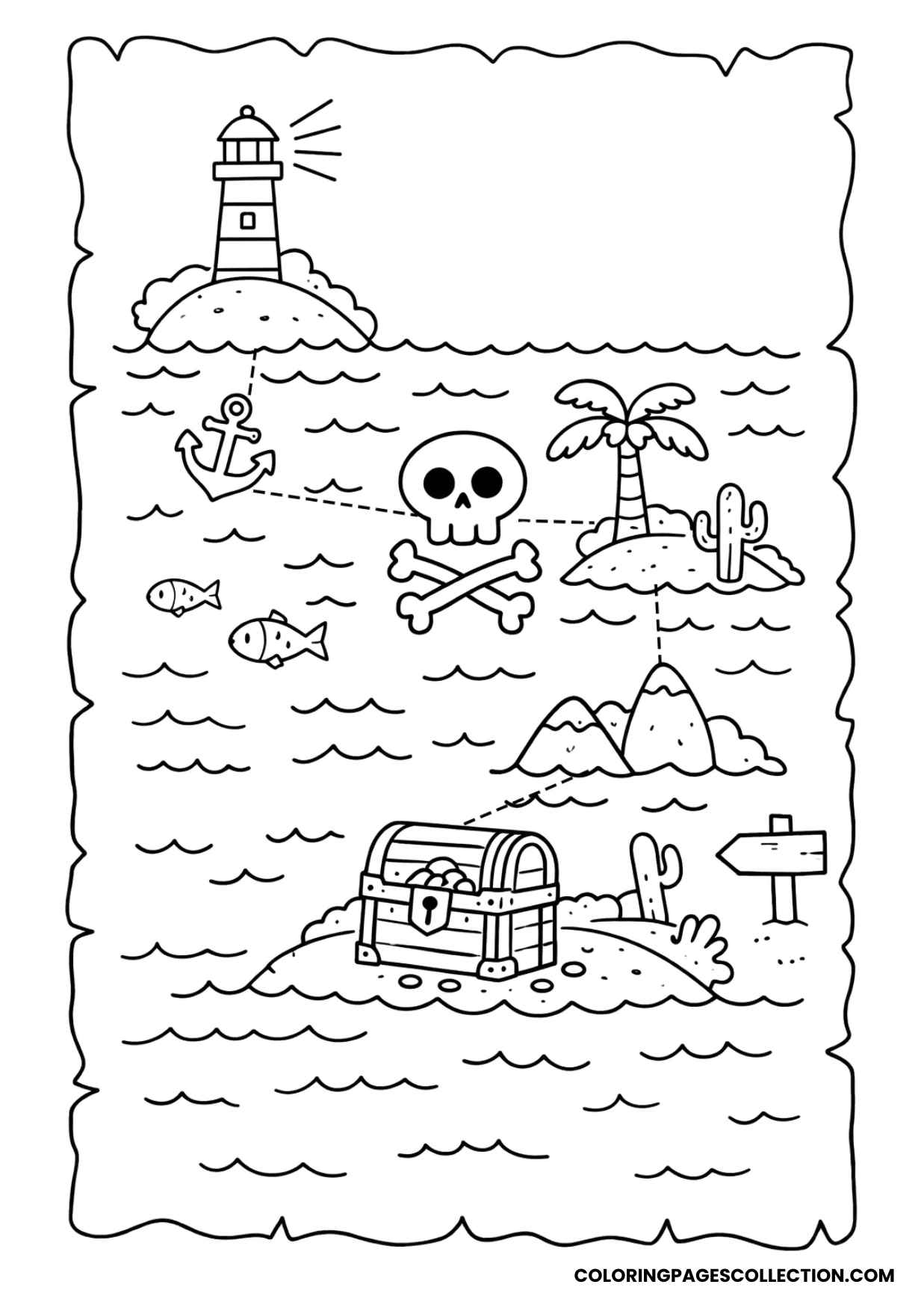 old map of treasure hidden in the sea coloring page
