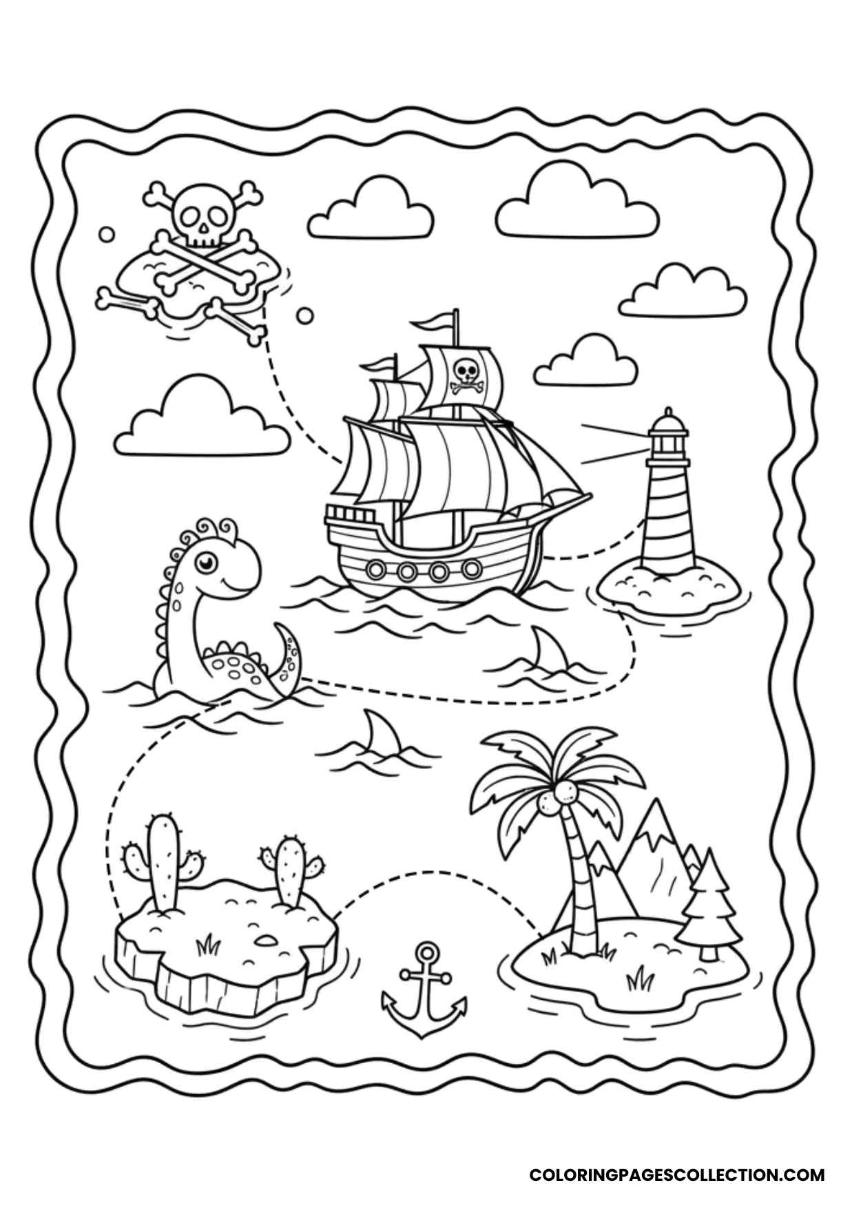 sea monster and ship adventure treasure map coloring sheet