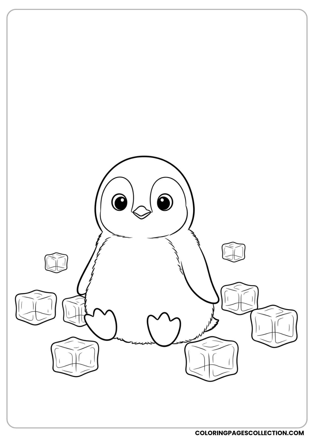 baby penguin with tiny ice cubes around, sitting cutely coloring page