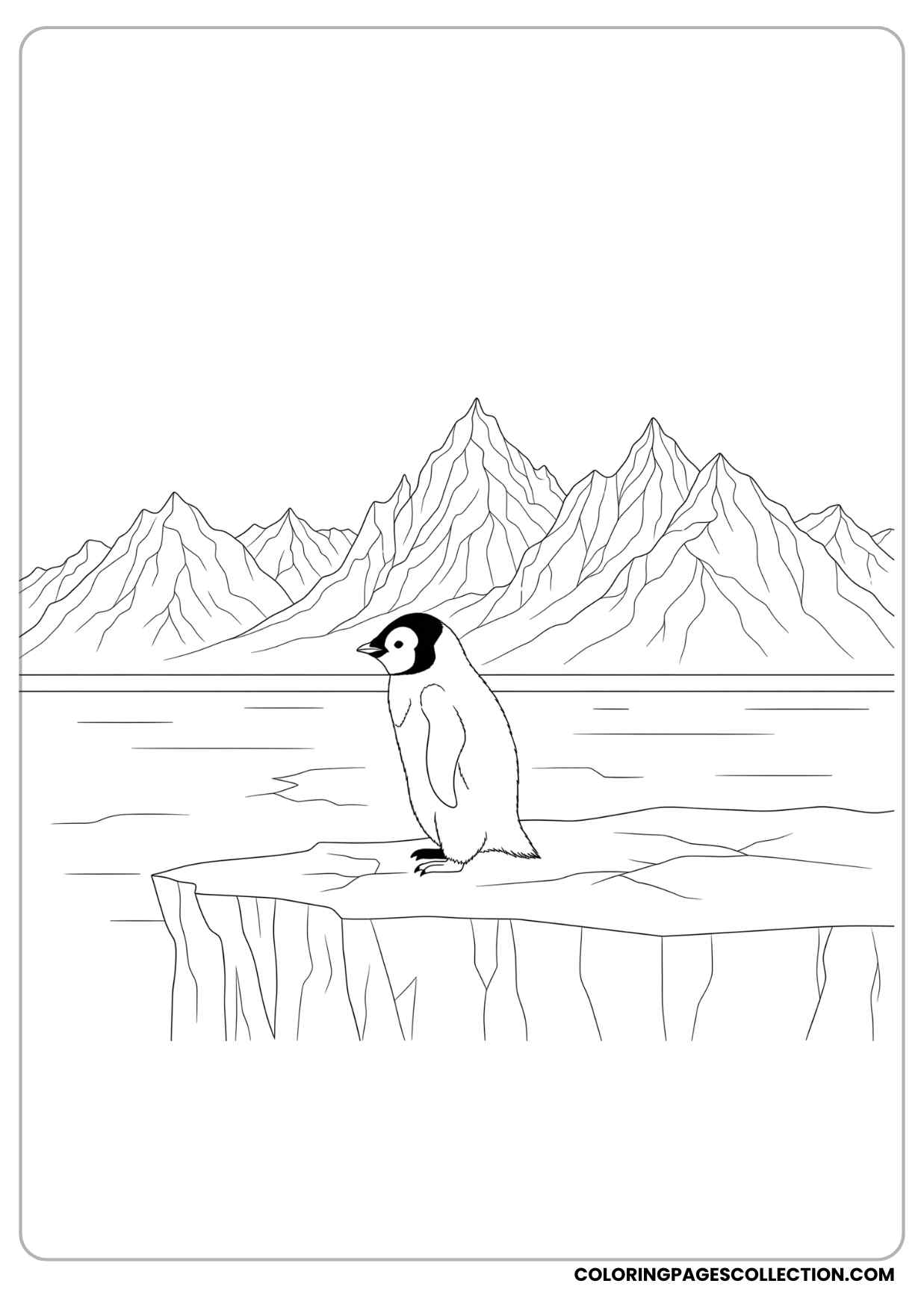 baby penguin standing on ice with mountains in the background coloring page