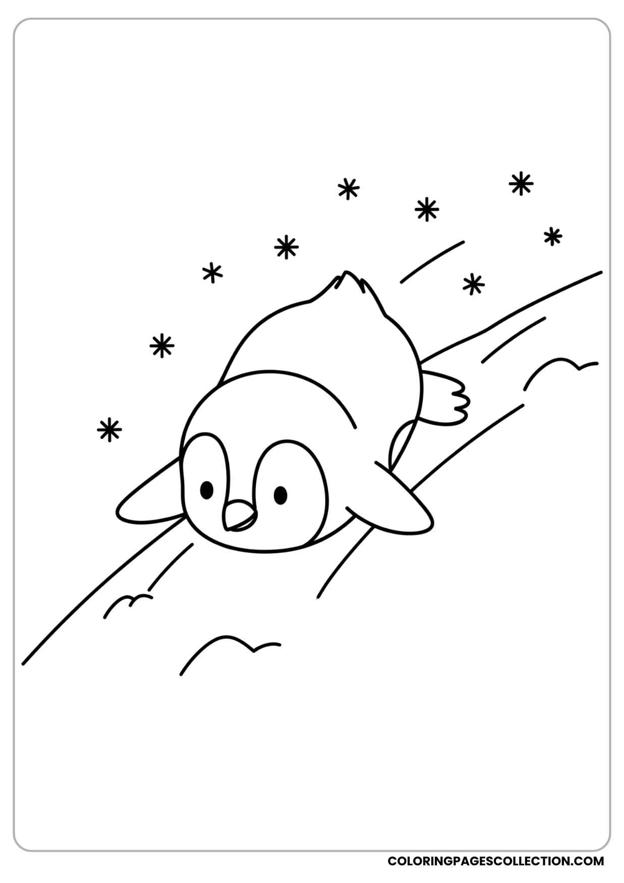 baby penguin sliding down a snowy hill with snowflakes falling coloring page