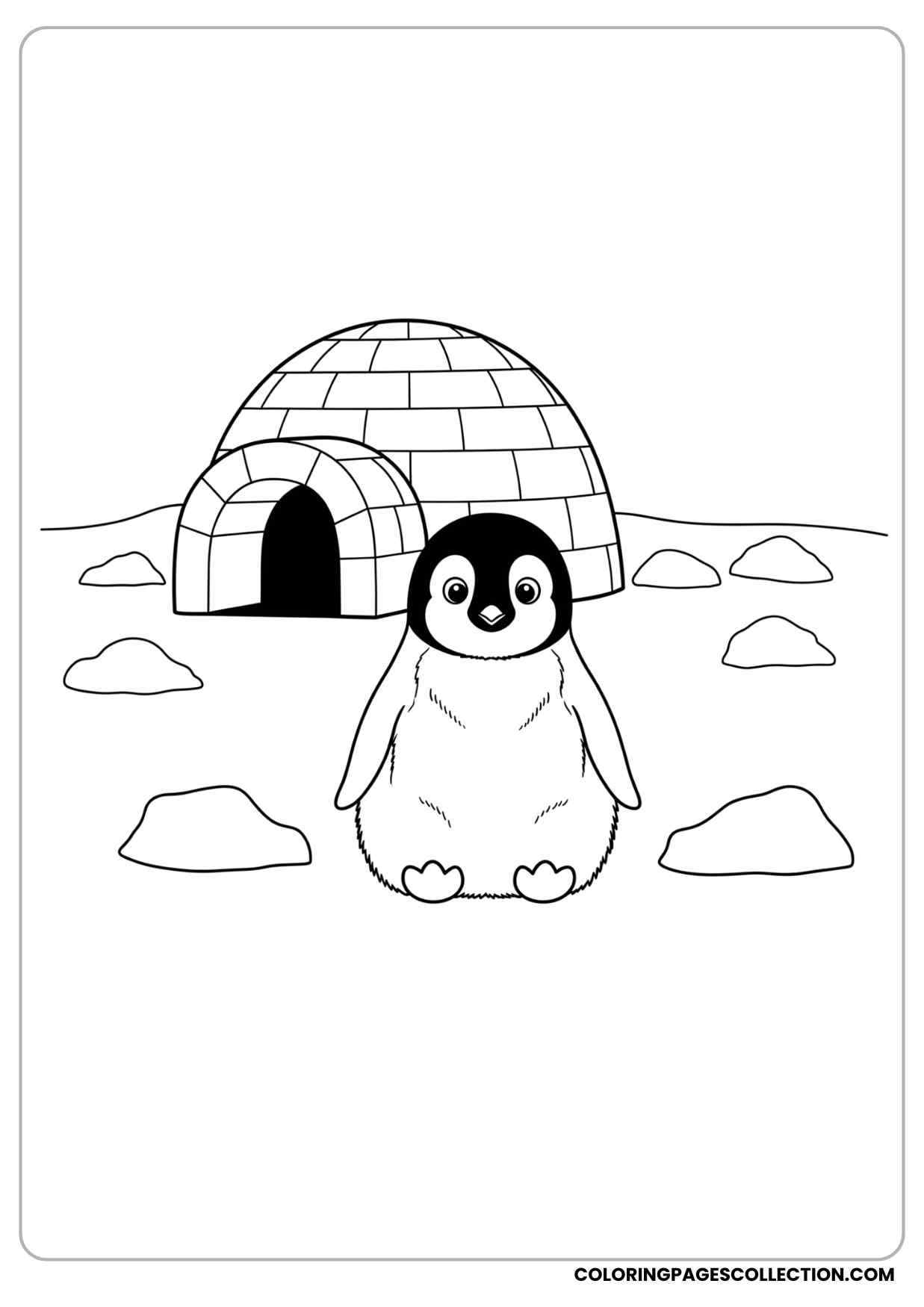 baby penguin sitting in front of an igloo with little snow piles coloring page