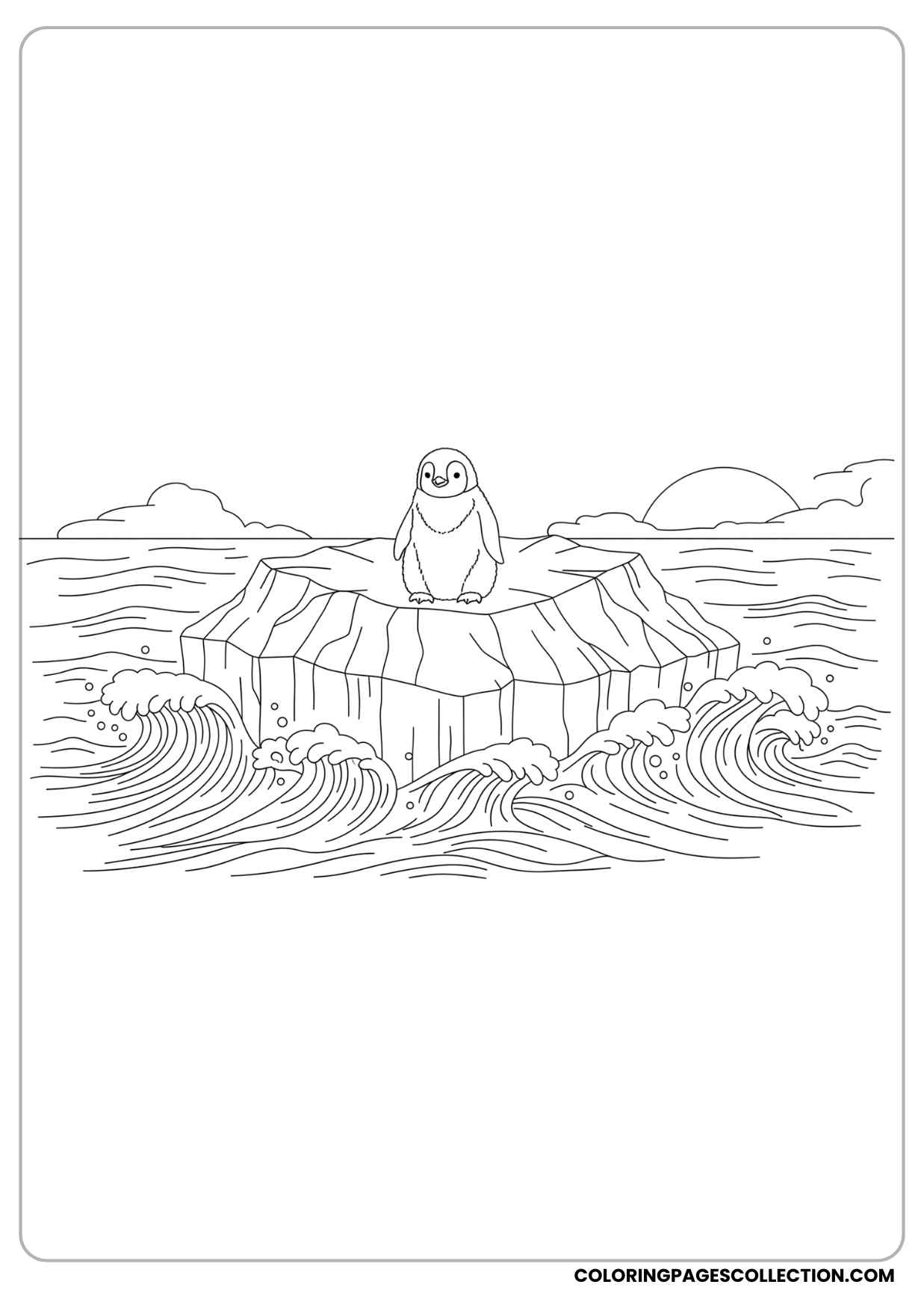 baby penguin on an iceberg floating in the sea with waves coloring page