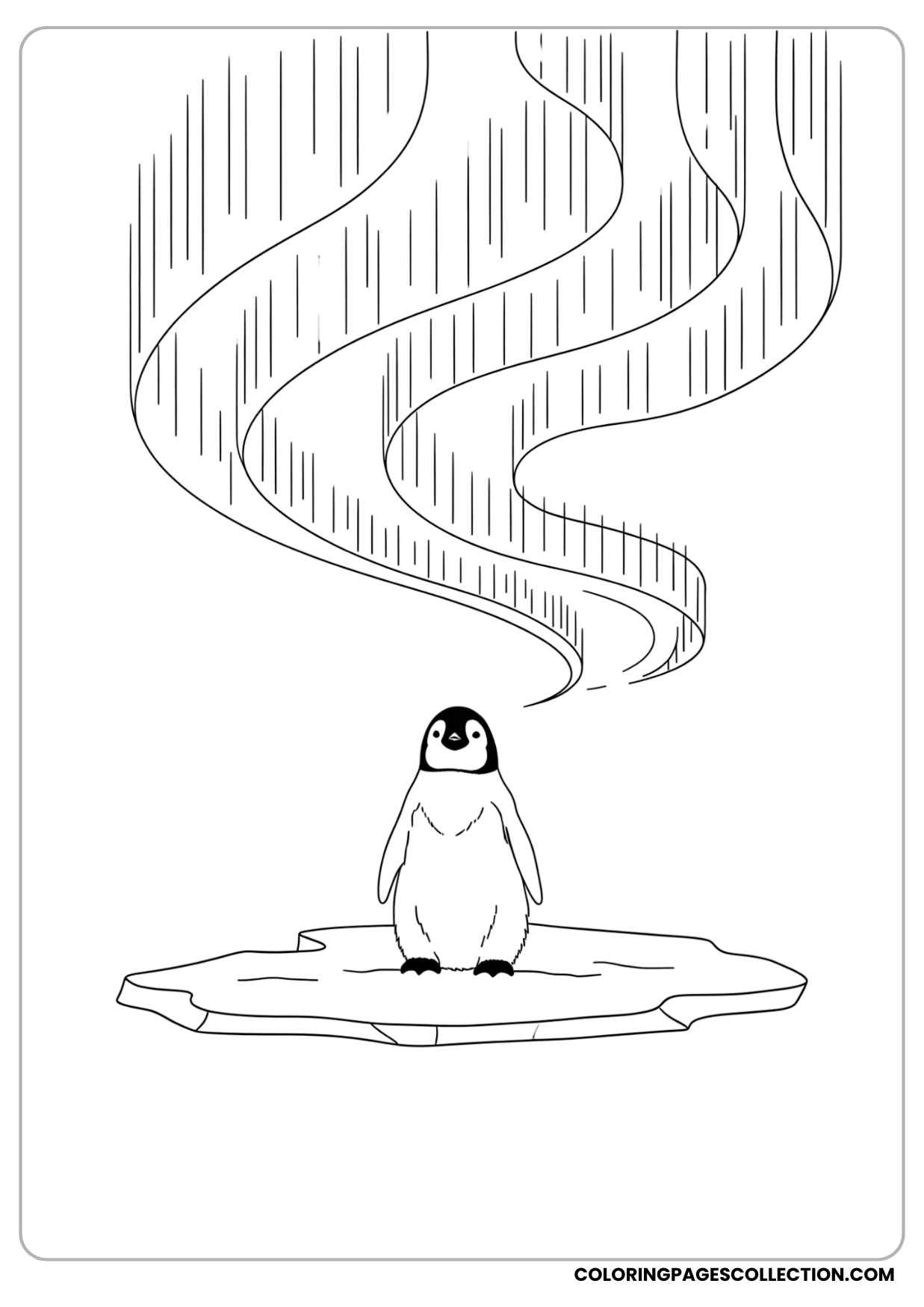baby penguin with northern lights in the sky above coloring page