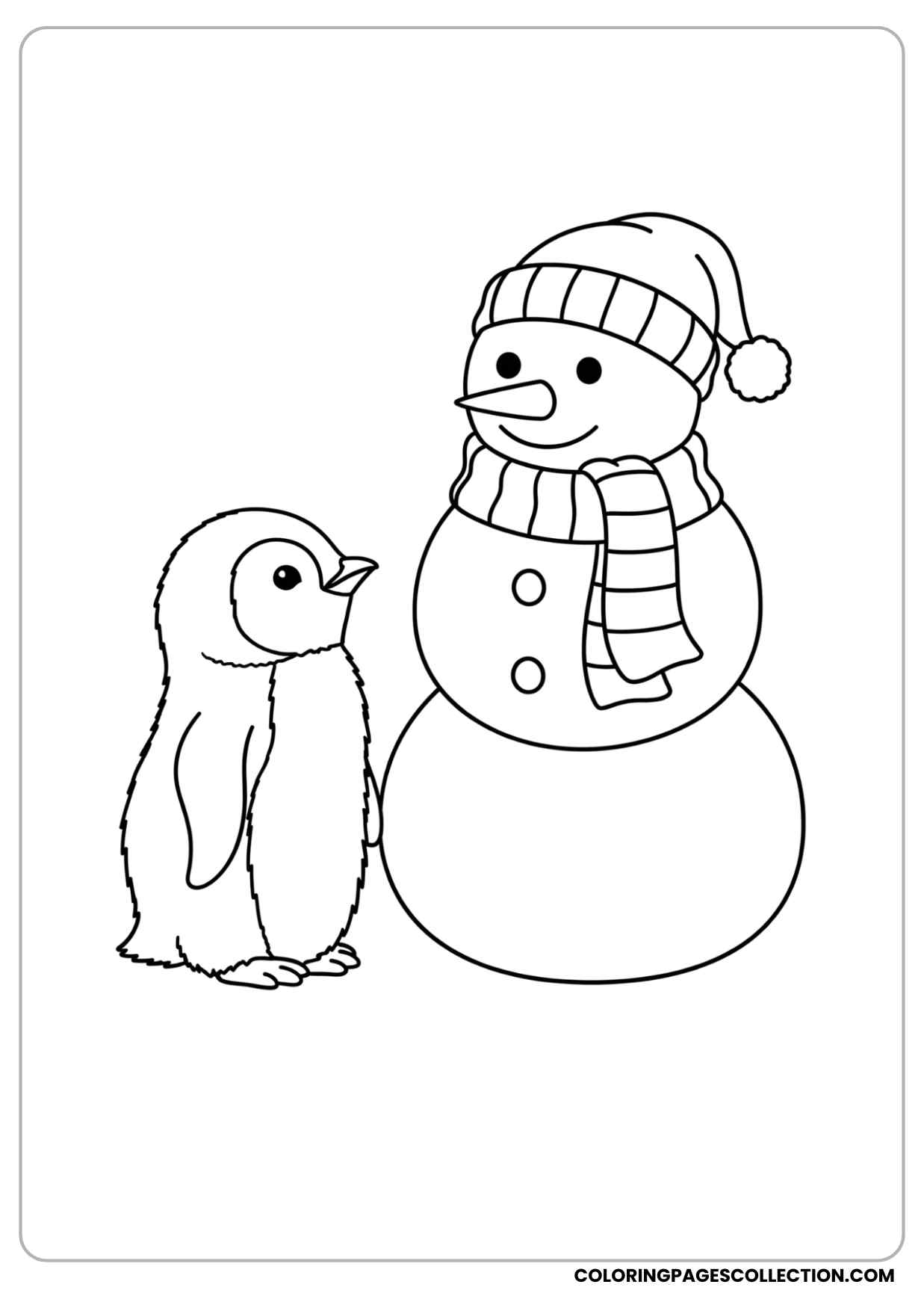 baby penguin standing next to a snowman with scarf and hat coloring page