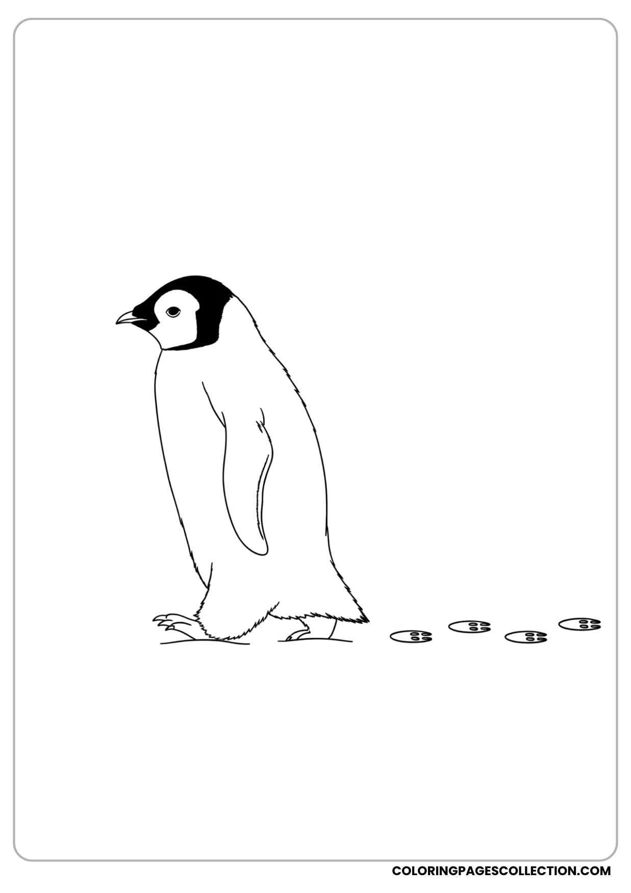 baby penguin walking with tiny footprints in the snow behind coloring page