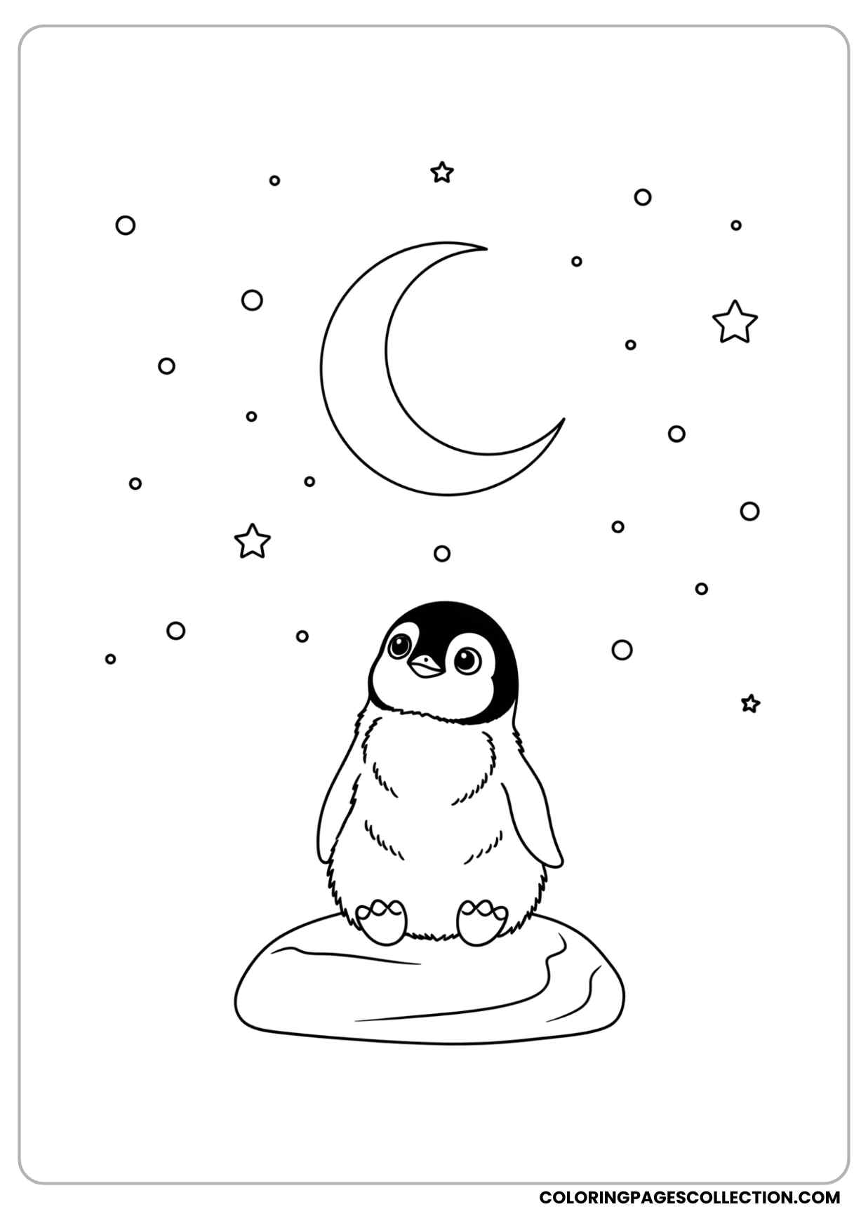 baby penguin sitting under a starry night sky with the moon coloring page