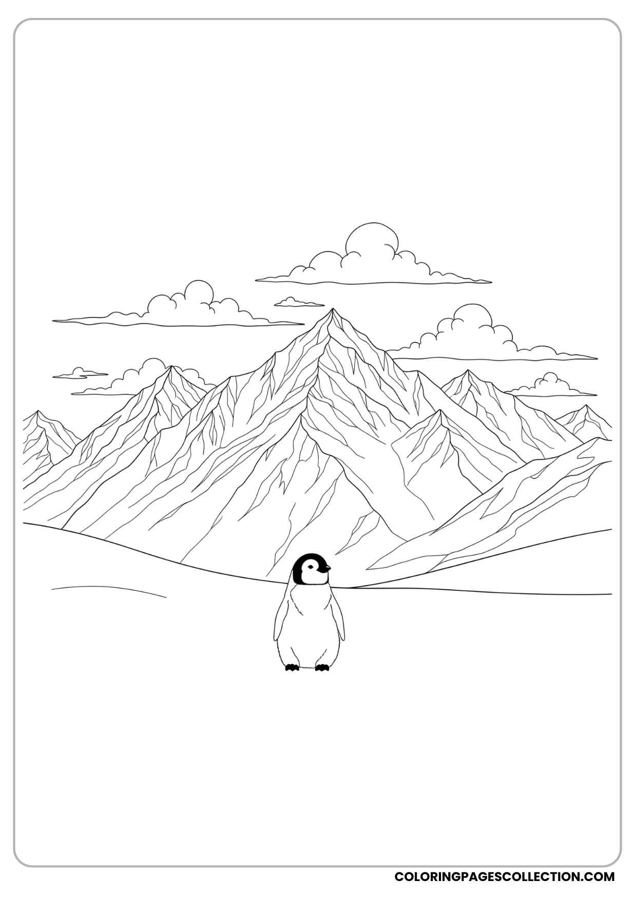 baby penguin in front of a snowy mountain range with clouds above coloring page
