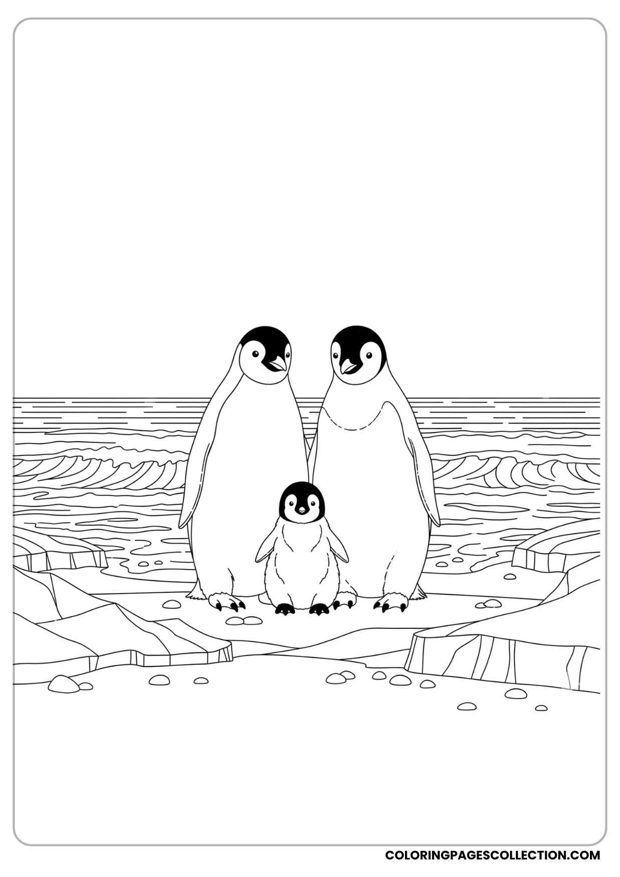 baby penguin family standing together on an icy shore with waves coloring page