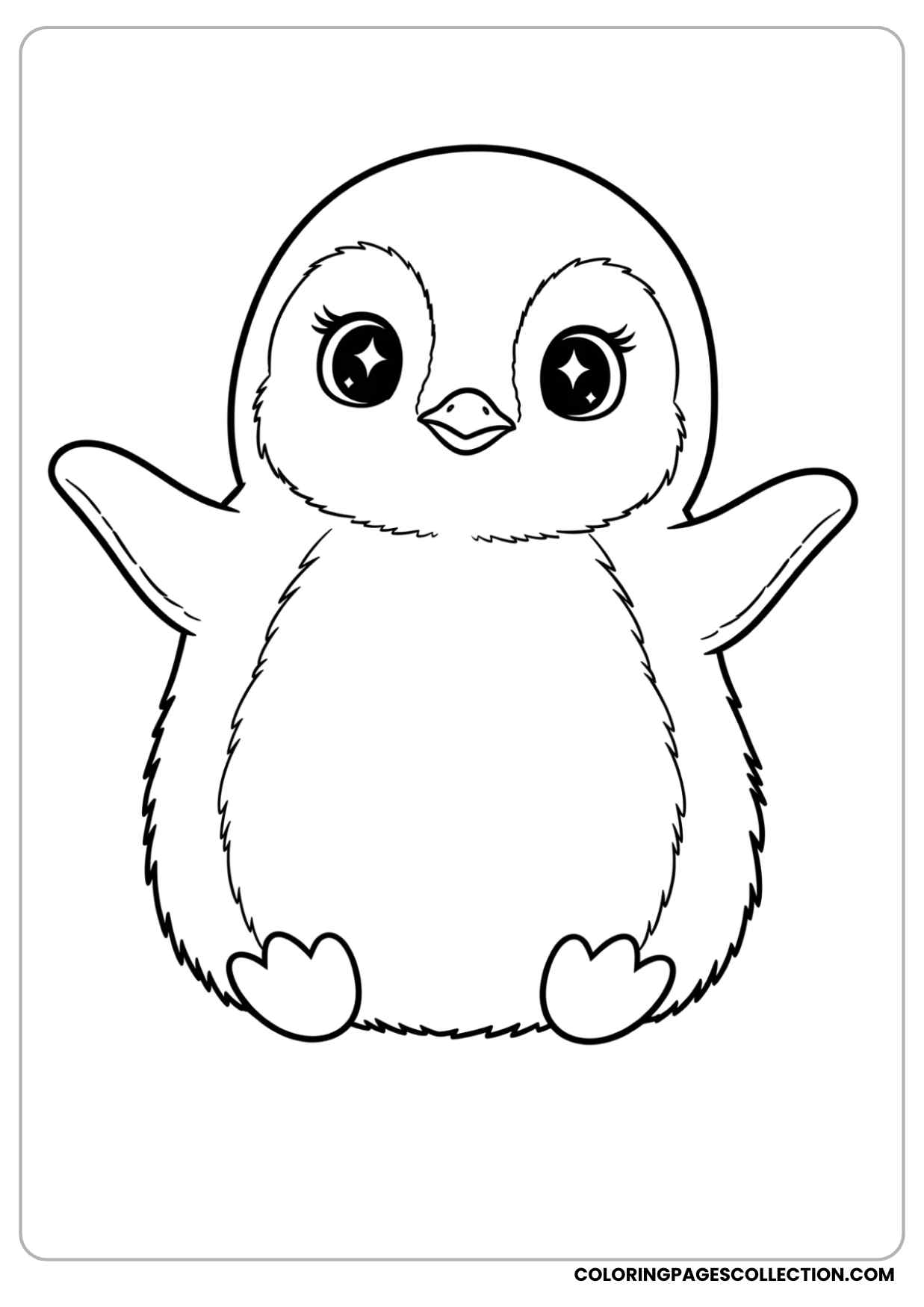 chubby baby penguin with big sparkling eyes and tiny wings open wide coloring page