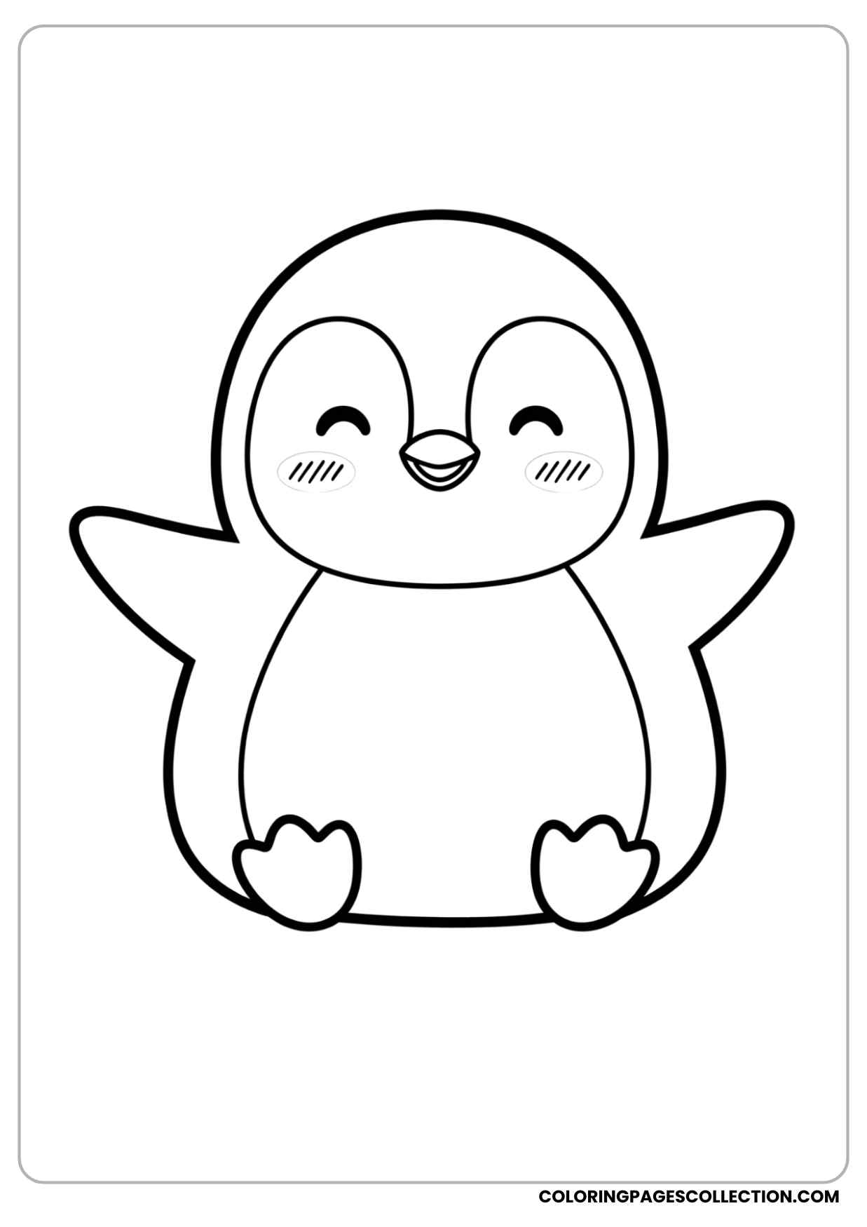 baby penguin sitting with round belly, blushing cheeks, and a happy smile coloring page
