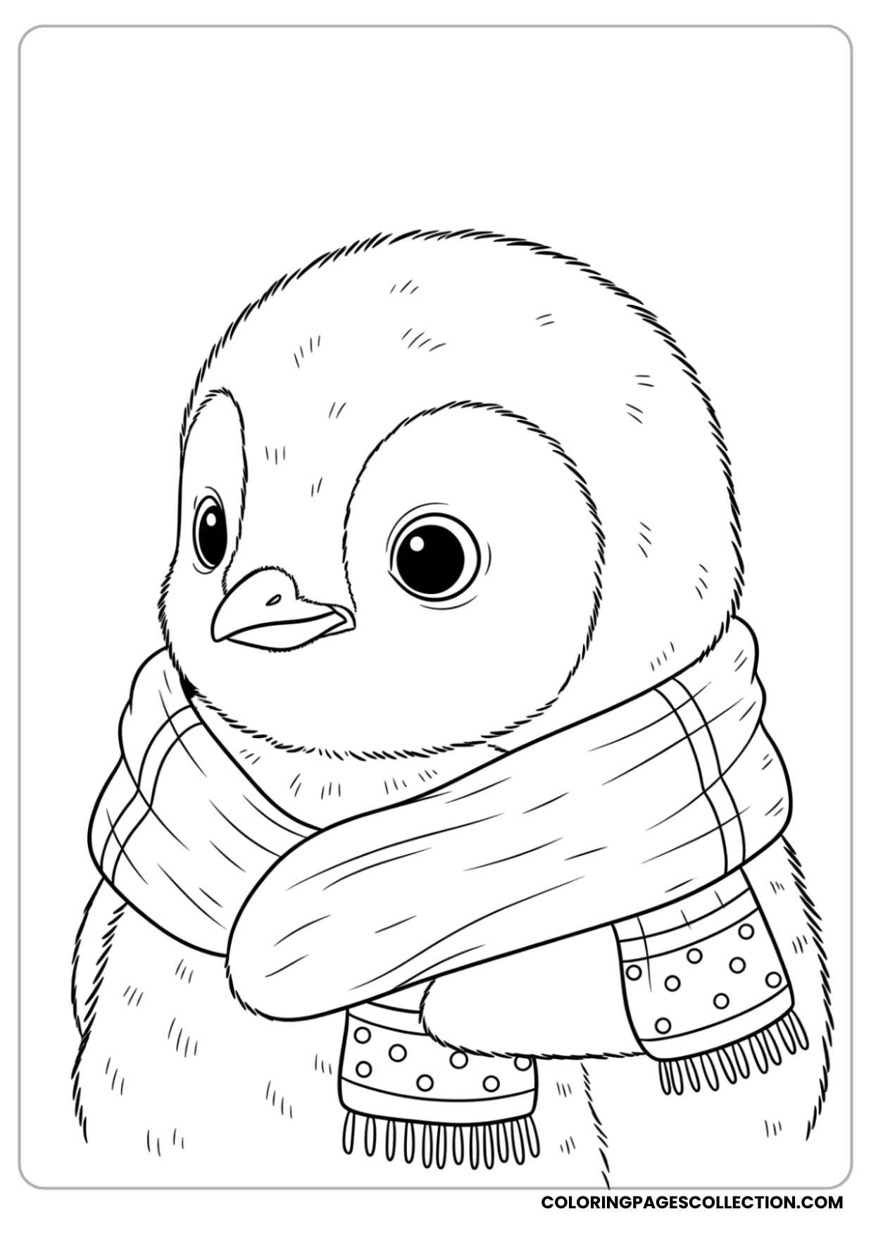 fluffy baby penguin wrapped in a cozy scarf, looking shy and sweet coloring page