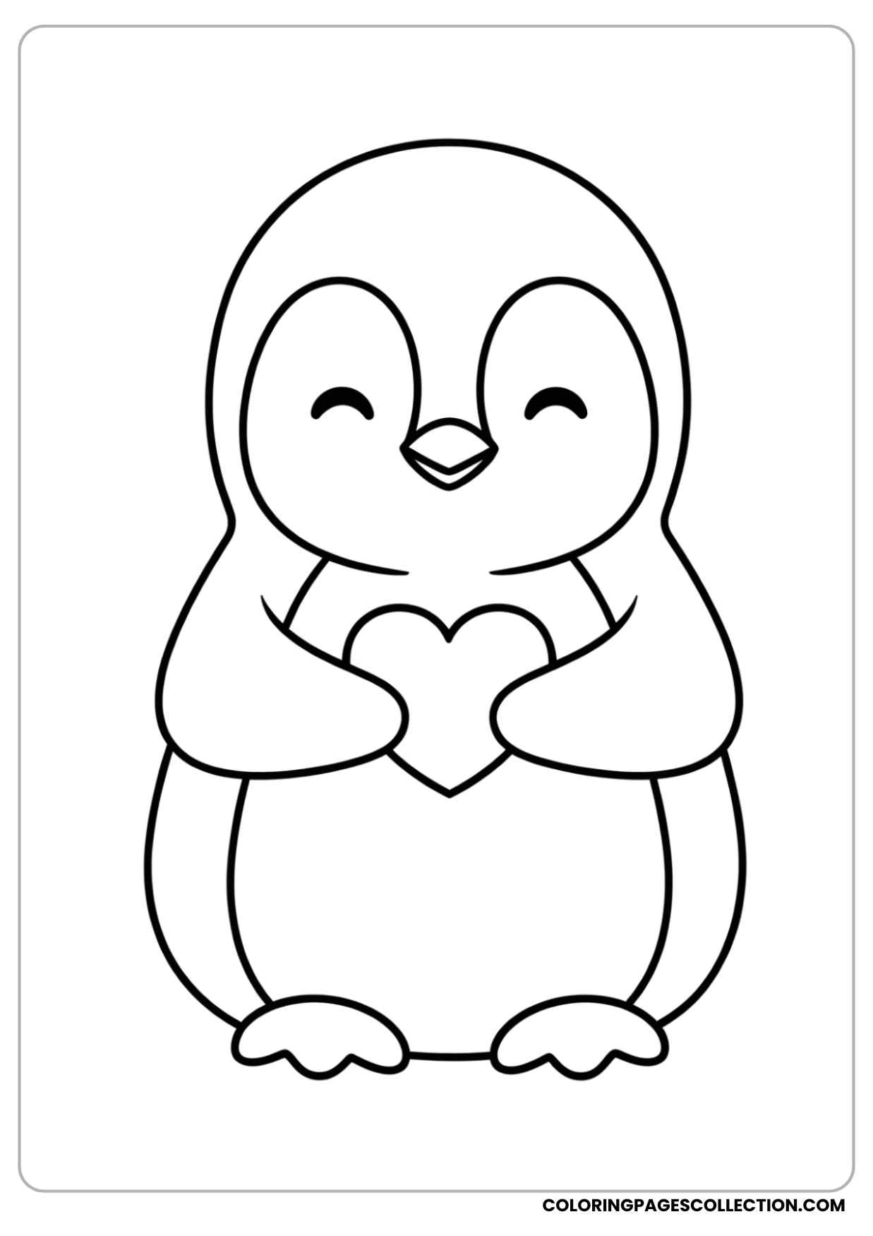 baby penguin holding a little heart with both wings, smiling softly coloring page