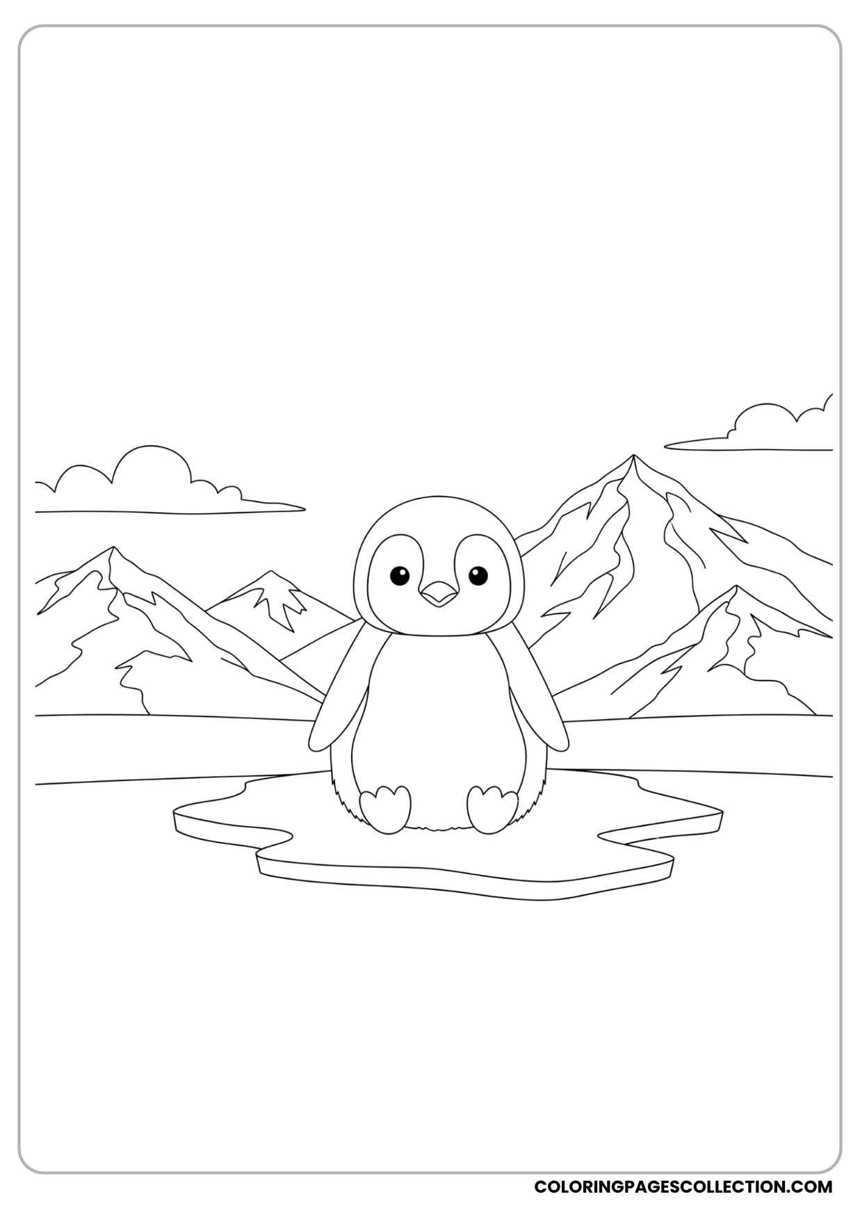 cute baby penguin with round head sitting on ice, snowy mountains in the background coloring page