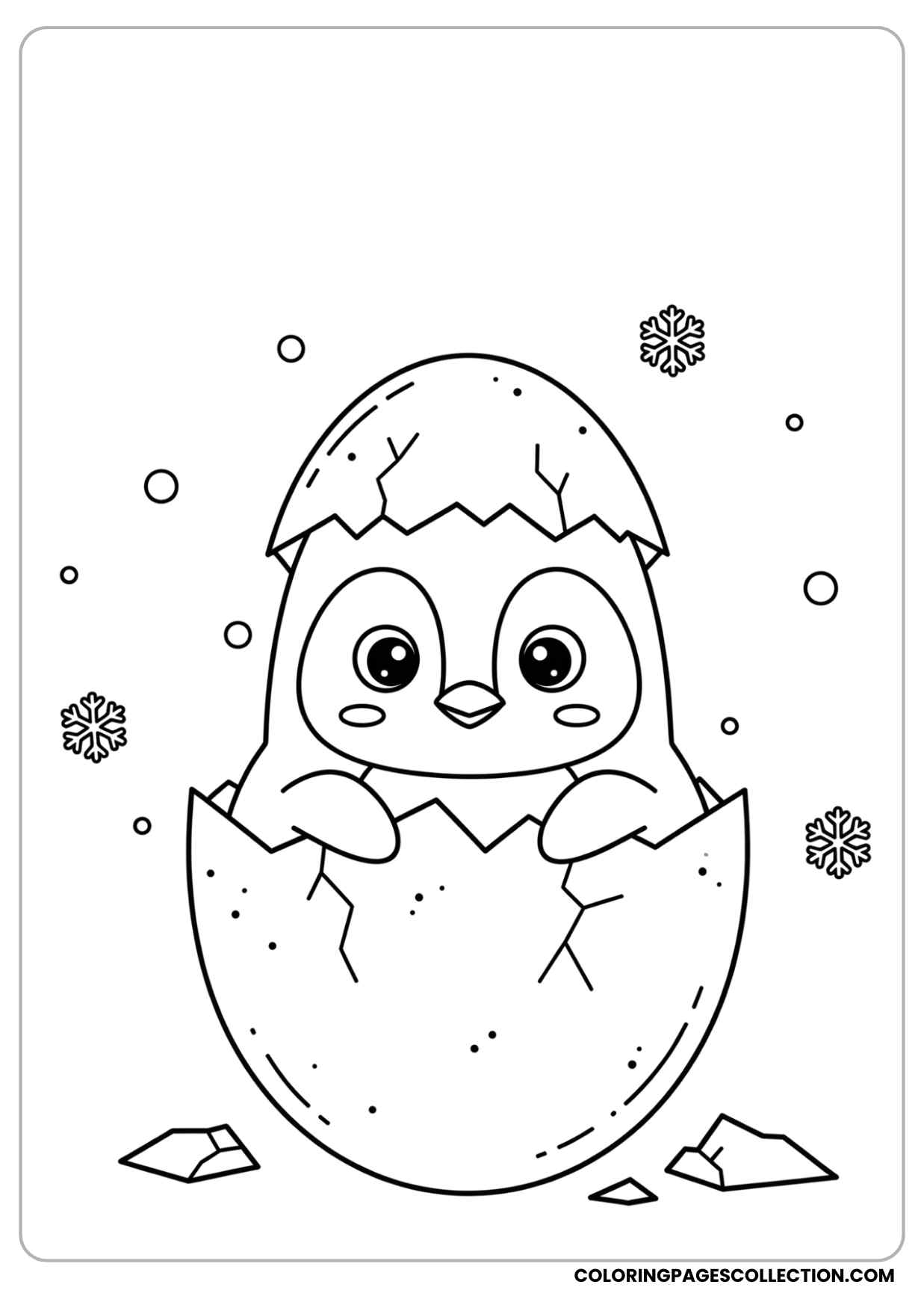 baby penguin peeking out of a cracked egg shell, little snowflakes falling around coloring page