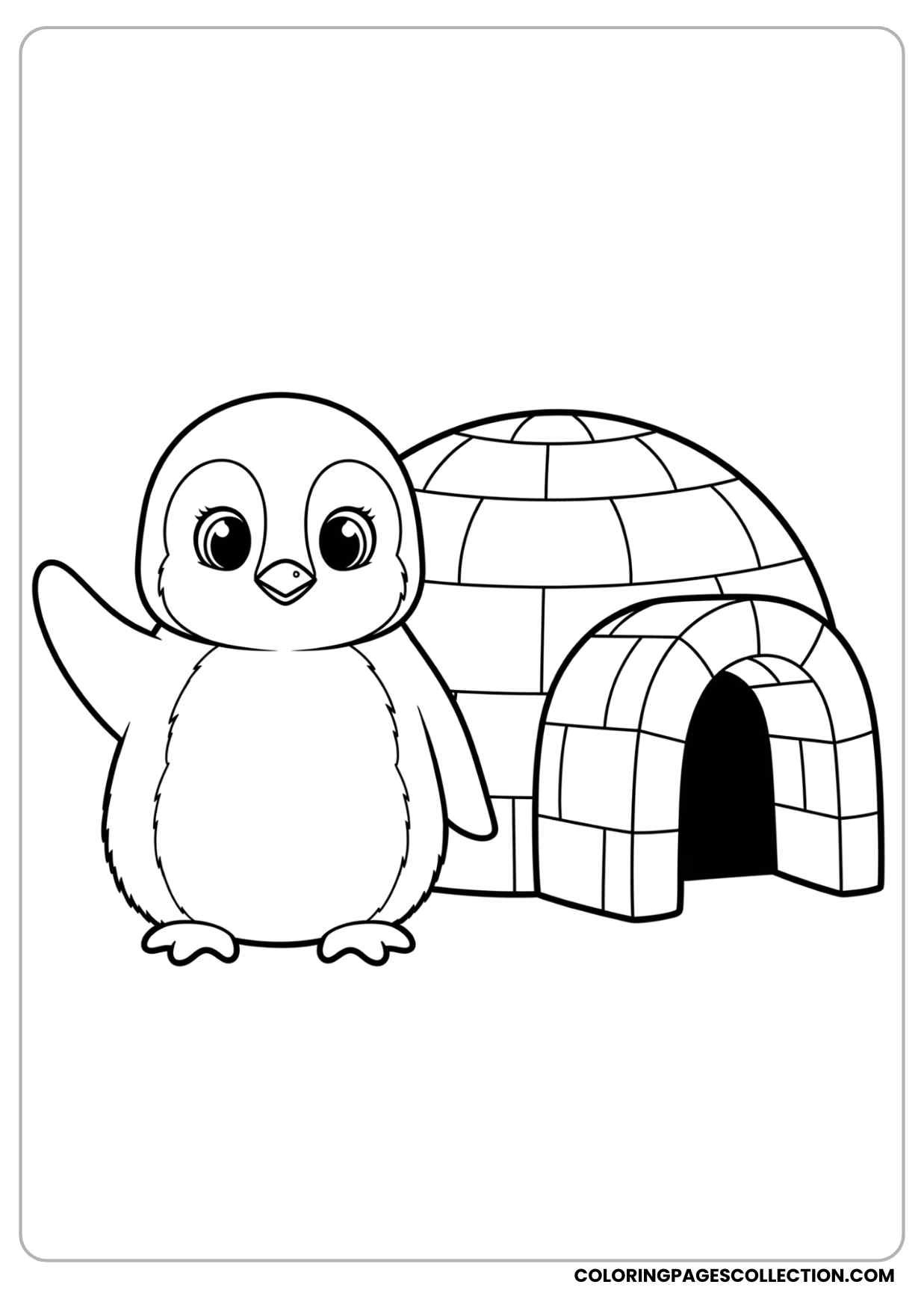 baby penguin waving one wing while standing near a small igloo coloring page