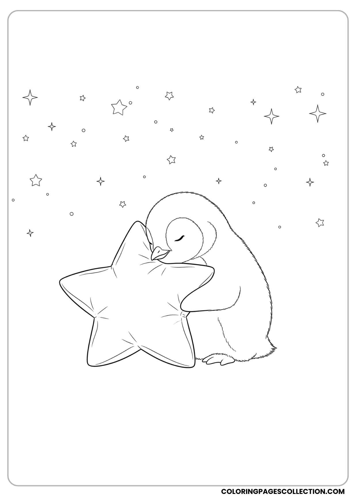 little penguin chick cuddling a star-shaped pillow under a night sky with stars coloring page