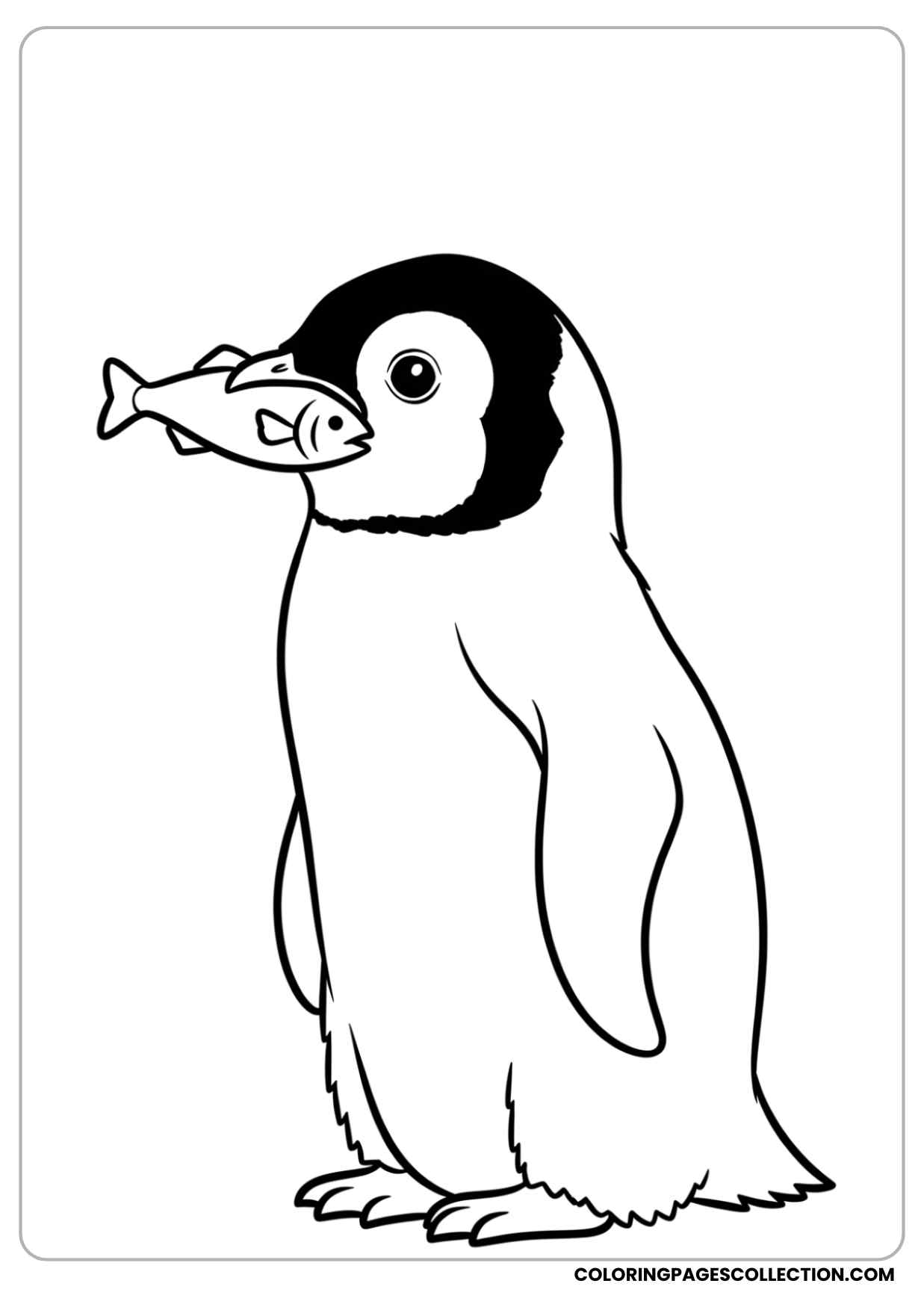 baby penguin holding a small fish in its beak coloring page