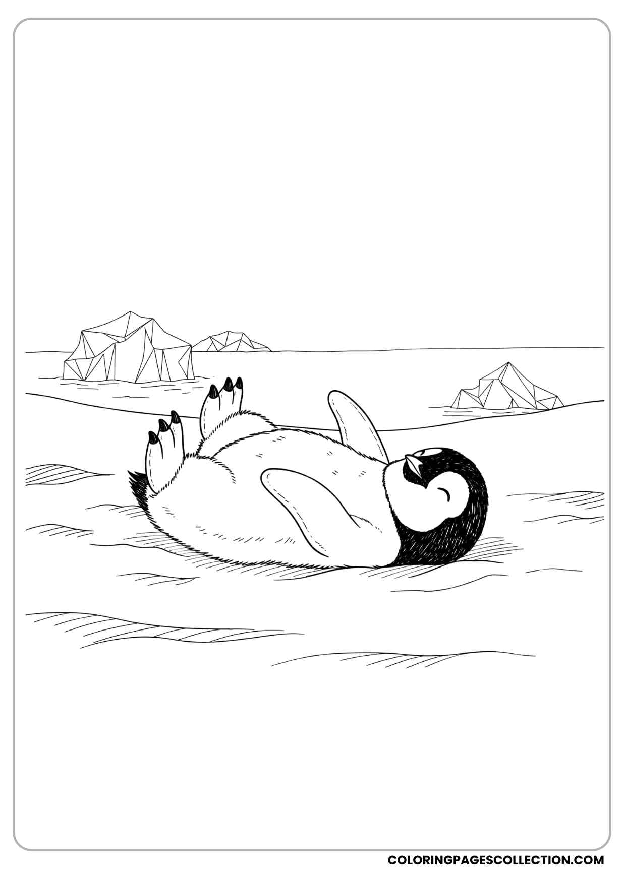baby penguin lying on its back playfully on snow, with tiny icebergs behind coloring page