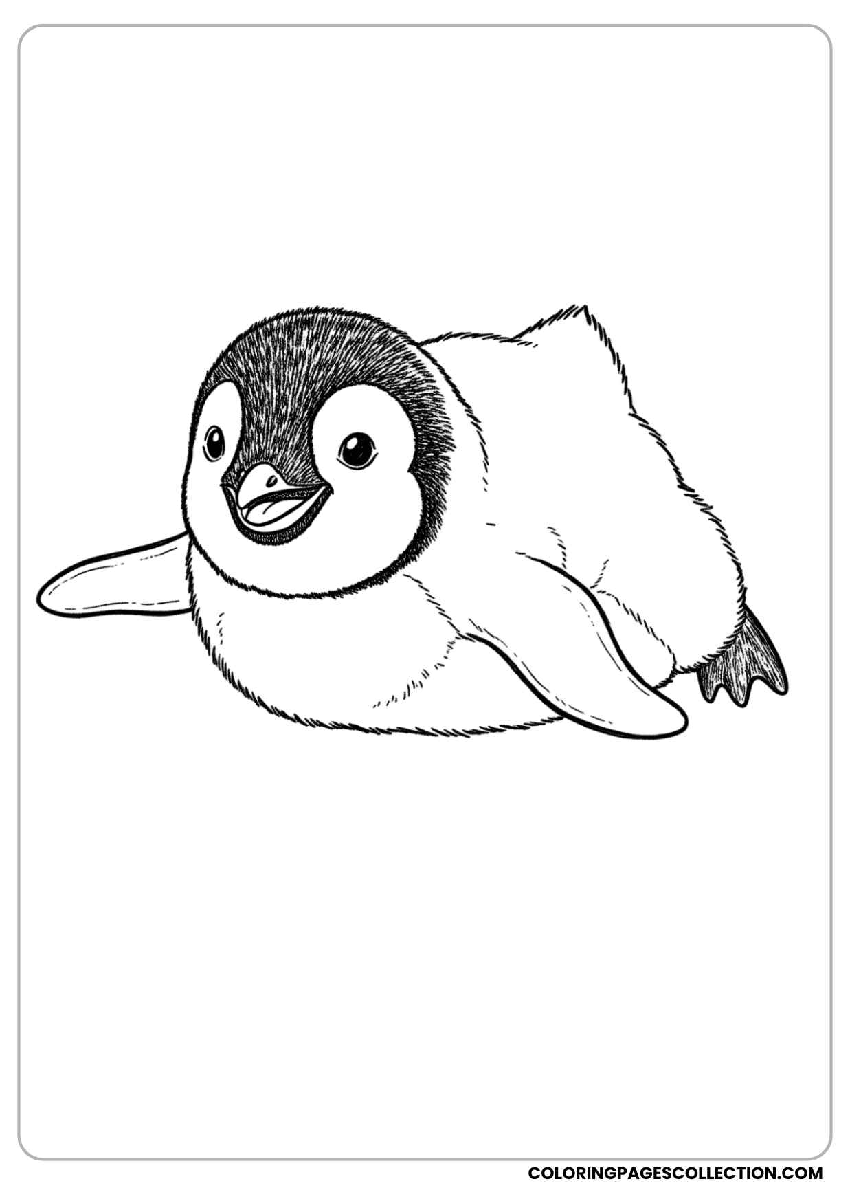 baby penguin sliding on its belly with a smile coloring page