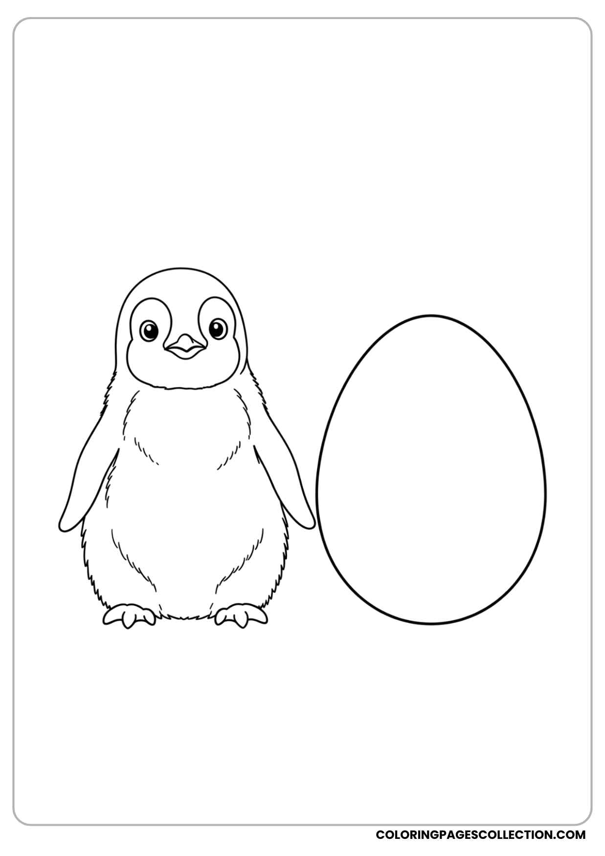 baby penguin standing next to an egg, looking curious coloring page