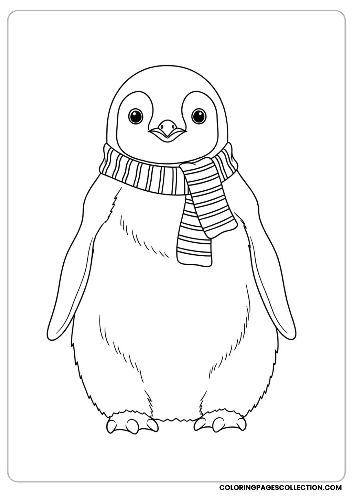 baby penguin wearing a tiny scarf, standing upright coloring page