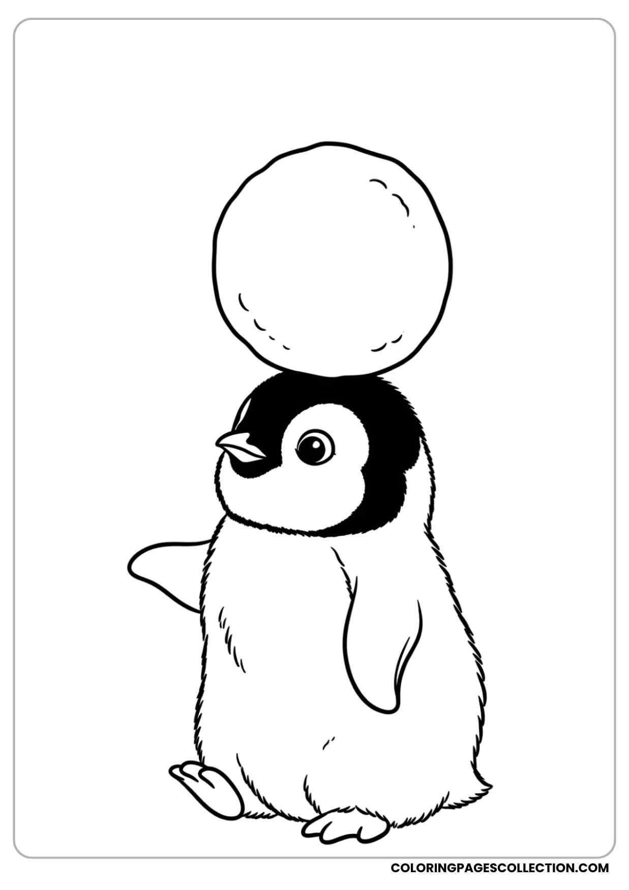 baby penguin balancing a snowball on its head coloring page