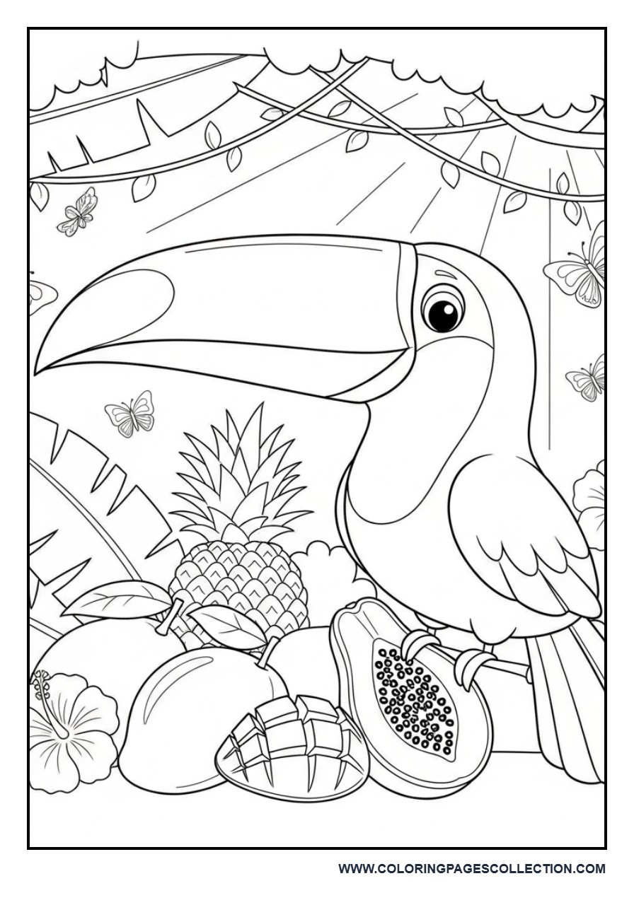 Colorful Toucan with Tropical Fruits
