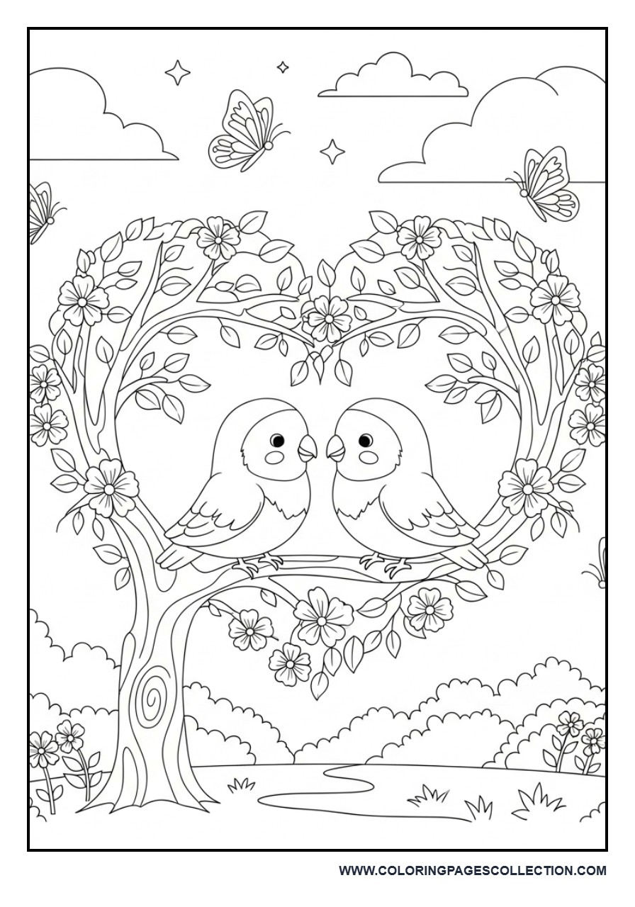 Cute Lovebirds Sitting on a Heart-Shaped Branch