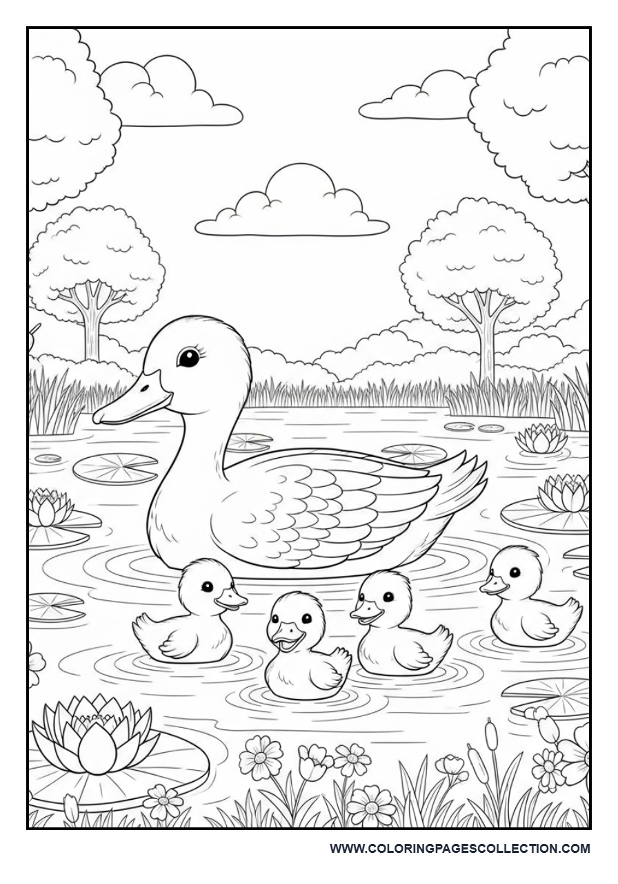 Duck Family Swimming in a Pond