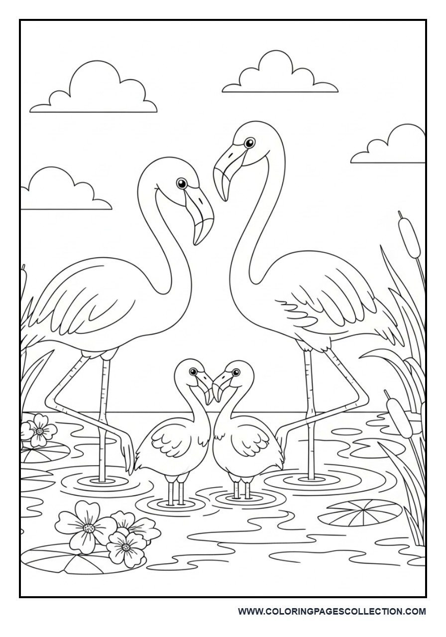 Flamingo Family in a Wetland