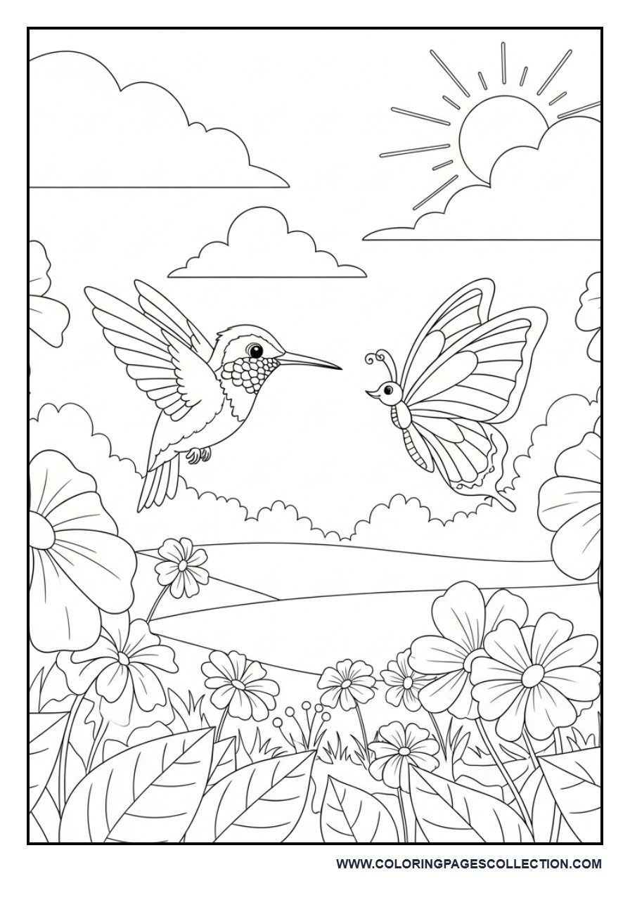 Hummingbird and Butterfly in a Flower Garden