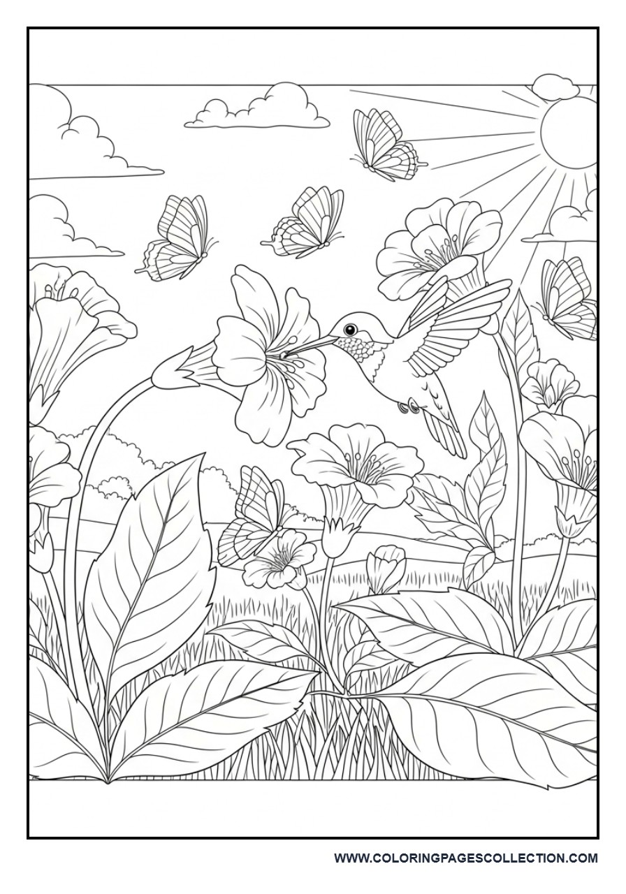Hummingbird Visiting a Flower Garden