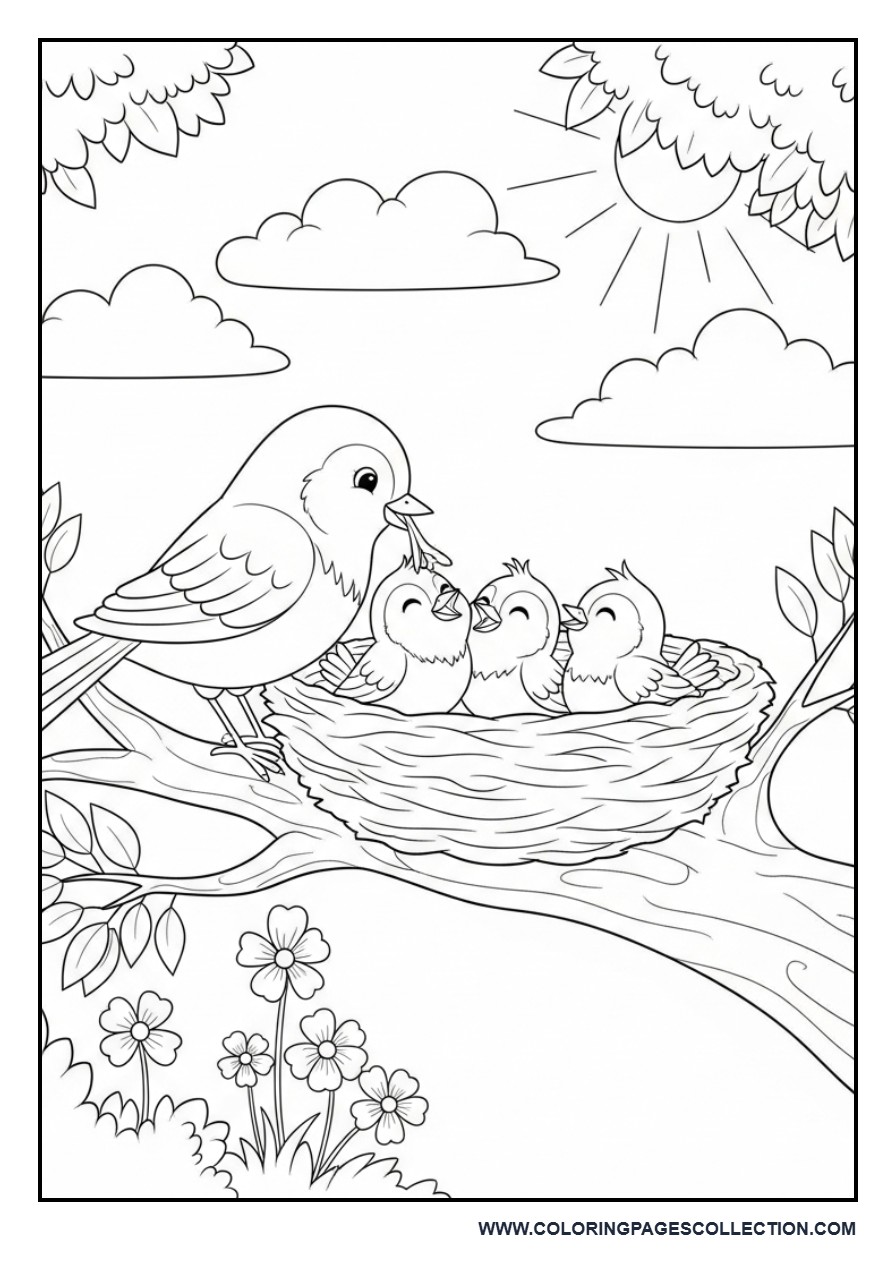 Mother Bird Feeding Her Baby Birds