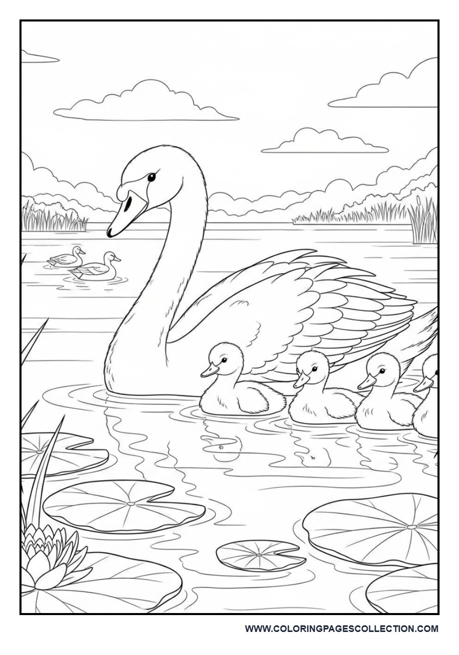 Mother Swan Teaching Her Cygnets