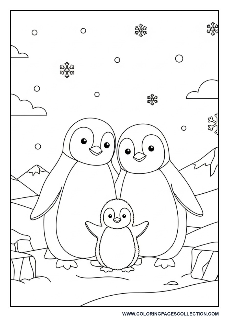 Penguin Family on Snowy Ice